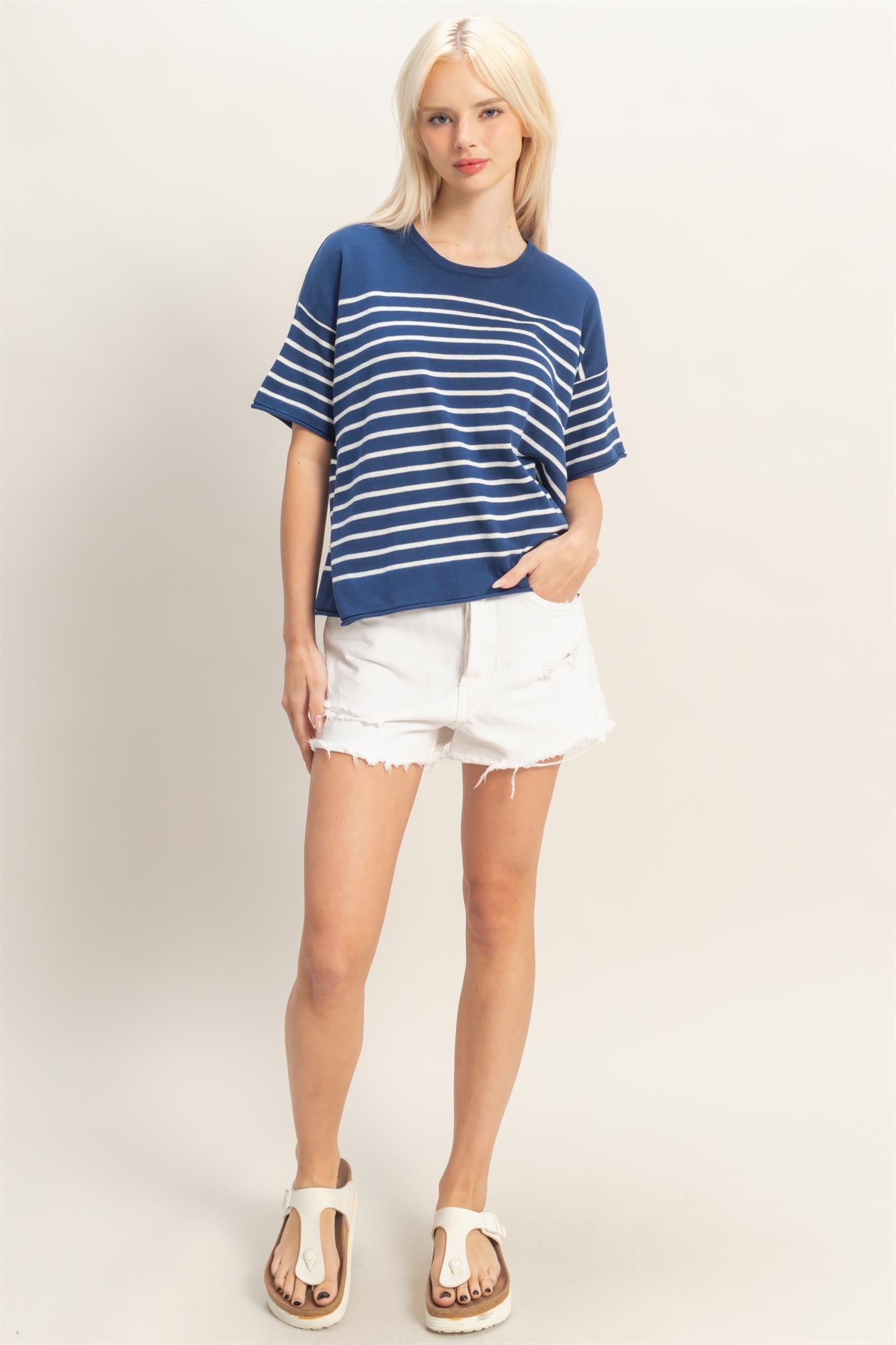 Wholesale Striped Short Sleeve Knit Top Clothing Tops DZ26A838 NAVY DOUBLE ZERO