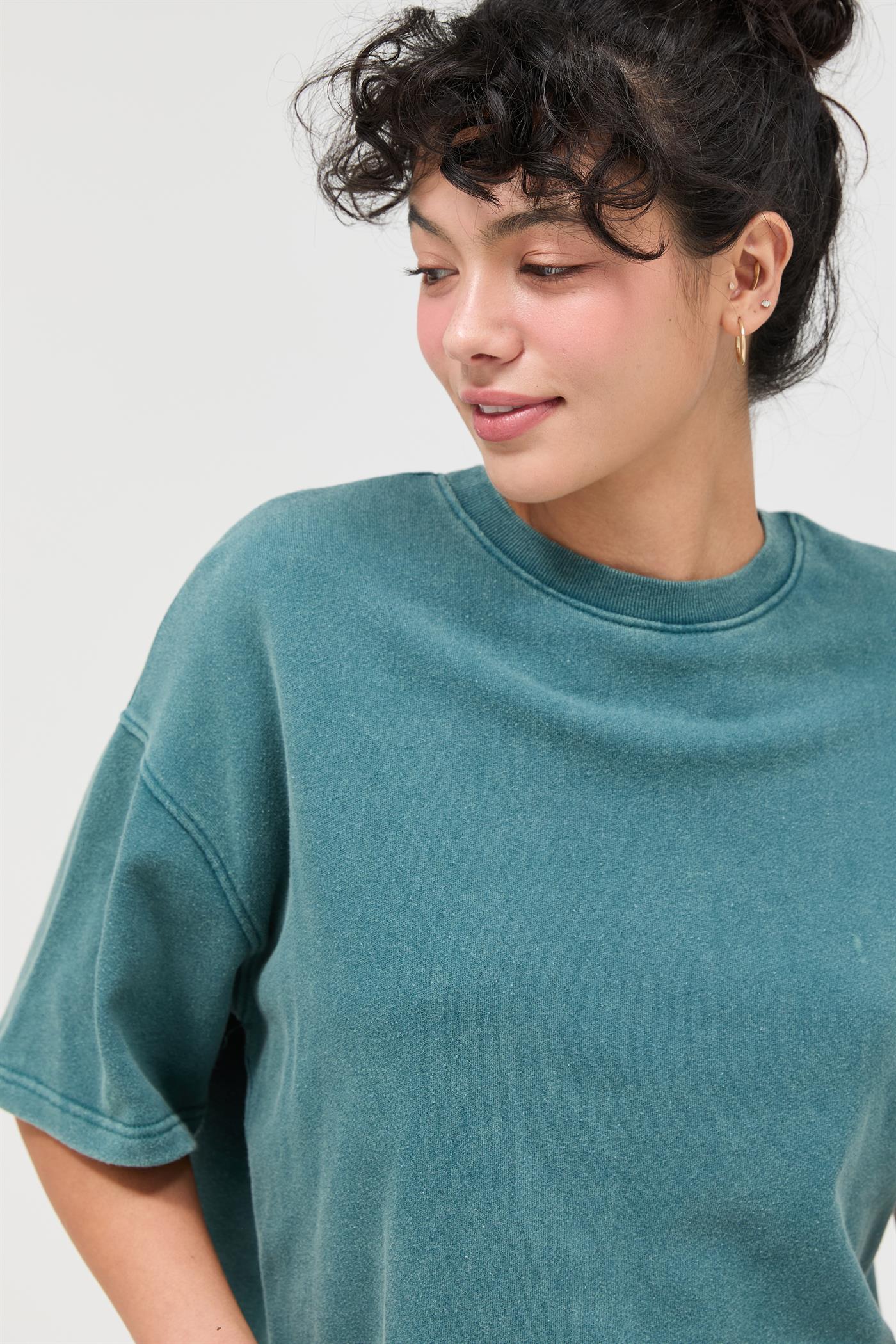 Wholesale Acid Wash Boxy Crew Neck Top T-Shirts DZ26C093 DARK TEAL DOUBLE ZERO