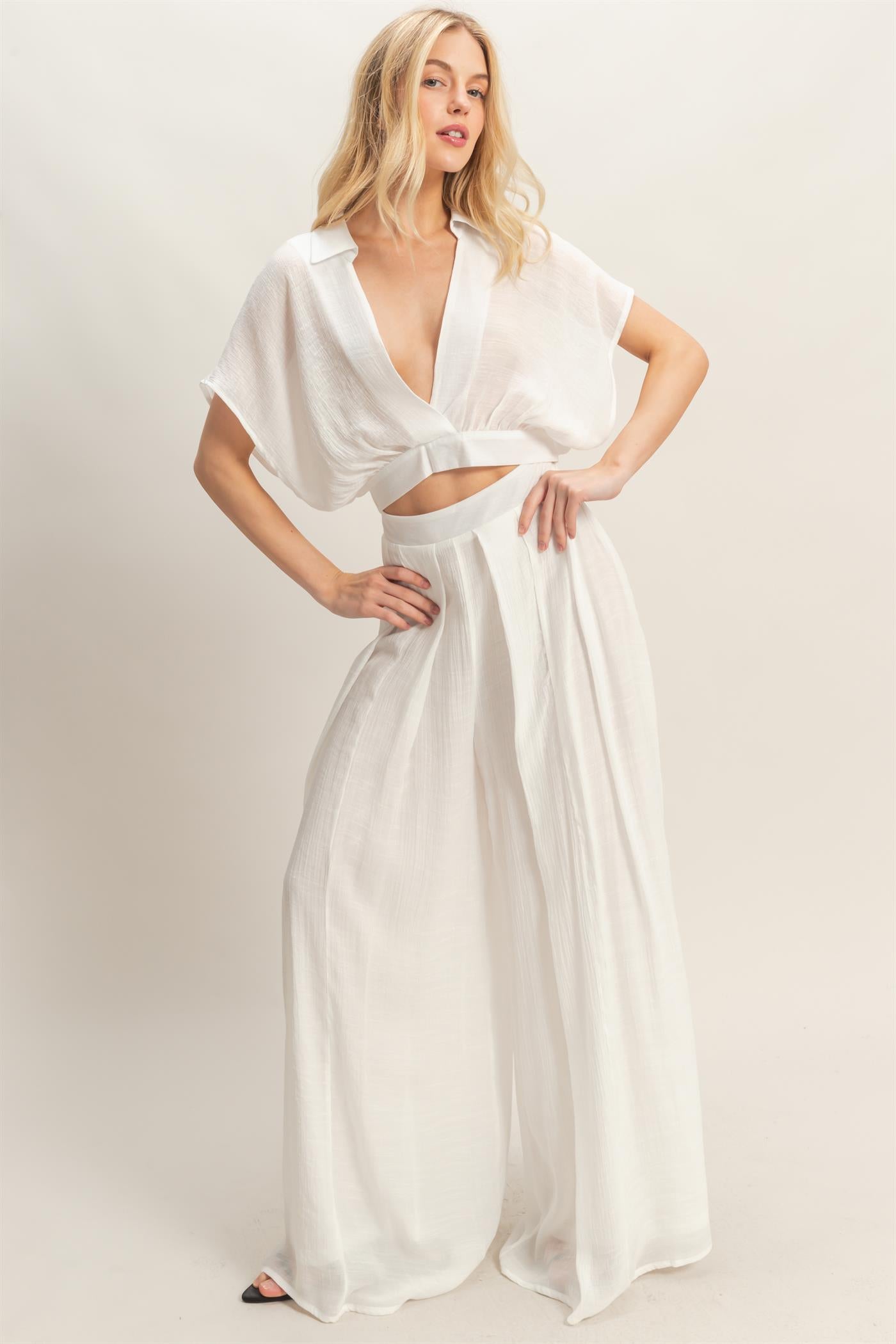 Wholesale Collared Wrap Top & Wide-Leg Pants Set Clothing HF26C286-SET-D WHITE HYFVE