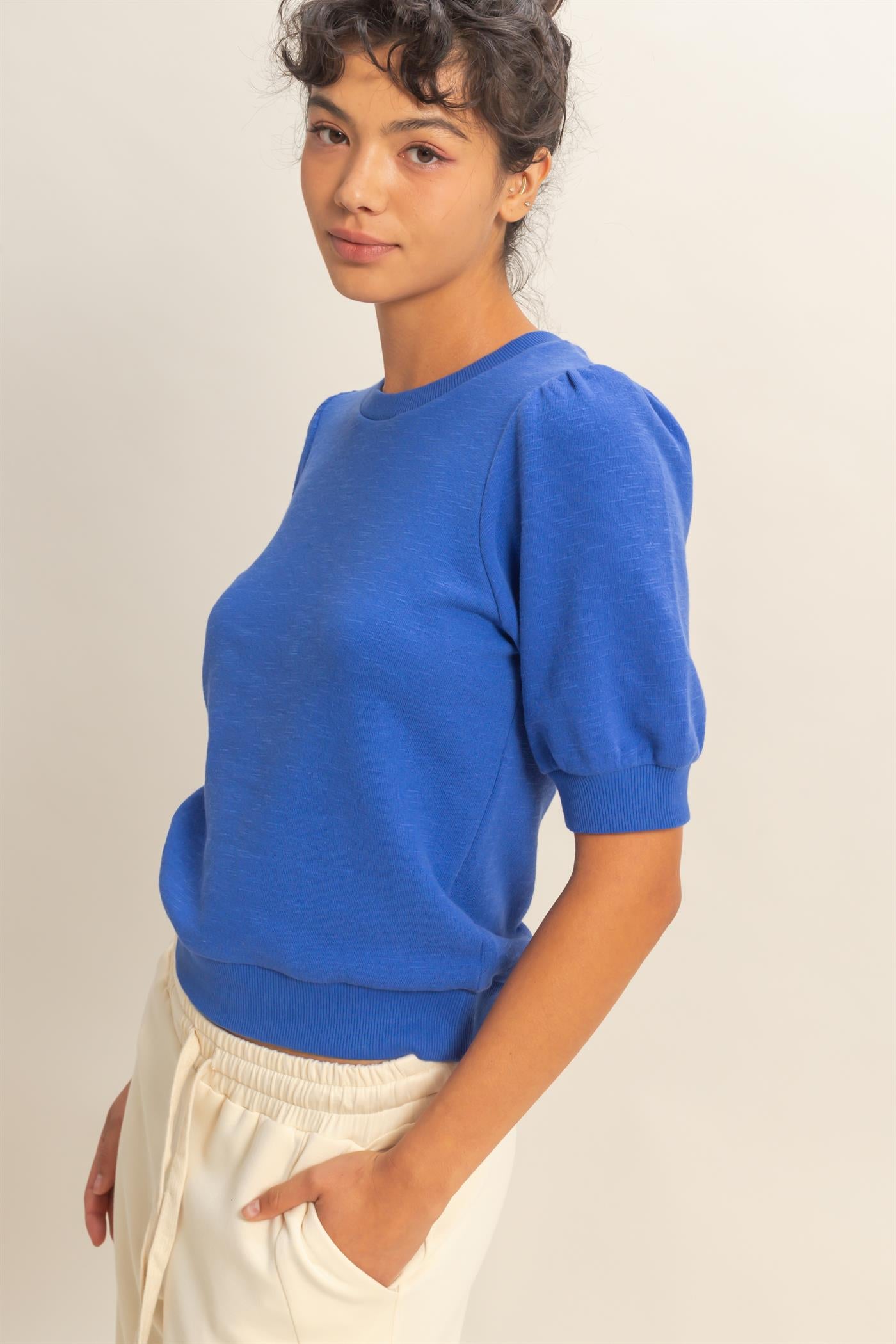Wholesale Puff Short Sleeve Crew Neck Top Clothing Tops DZ26A927 COBALT DOUBLE ZERO