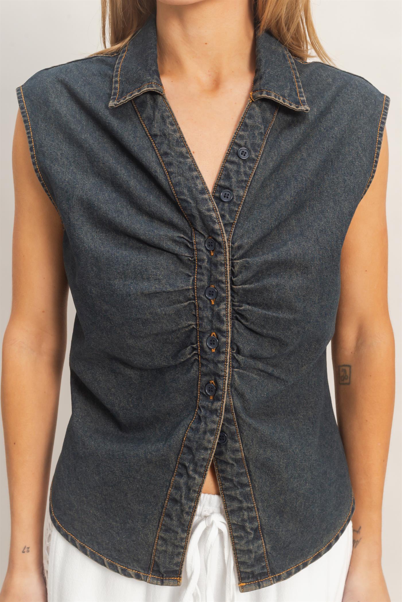 Wholesale Sleeveless Denim Button-Up Top Clothing Tops HF26C221 DARK BLUE HYFVE