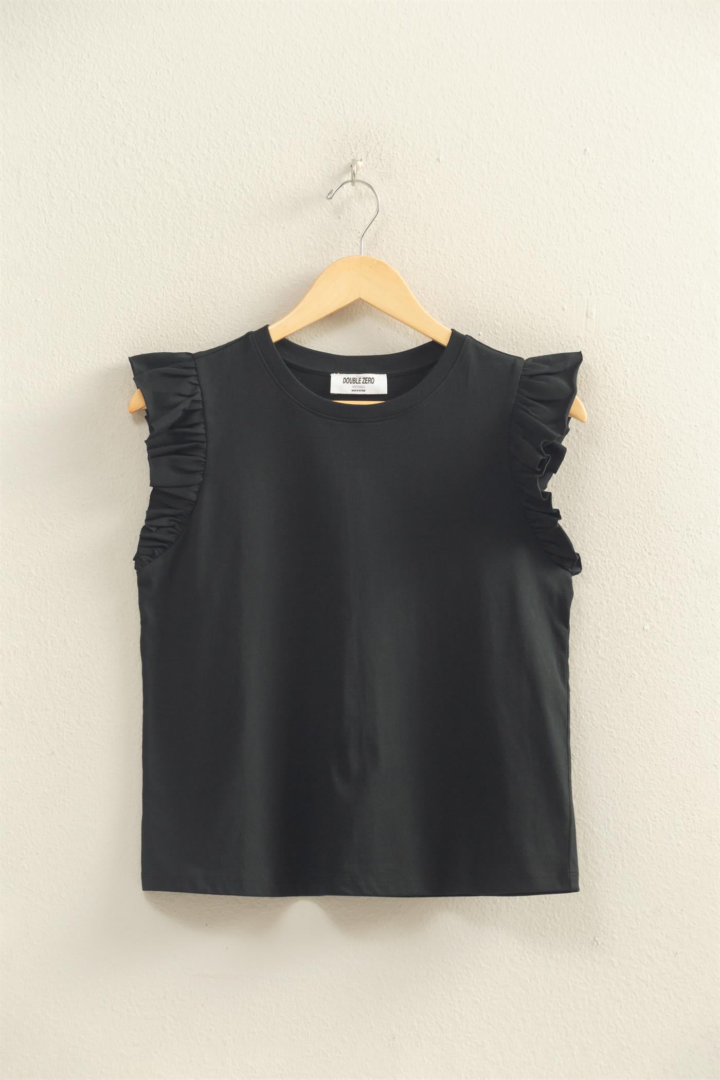 Wholesale Ruffle Cap Sleeve Crew Neck Top Clothing Tops DZ26C070 BLACK DOUBLE ZERO