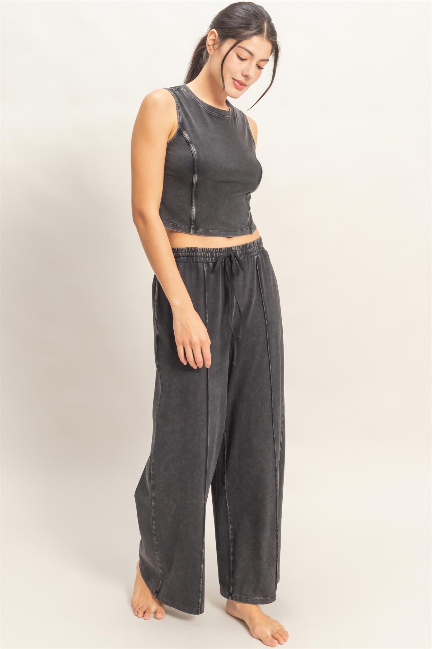 Wholesale Mineral Washed Sleeveless Top & Wide Leg Pants Set Clothing DZ26A371-SET BLACK DOUBLE ZERO