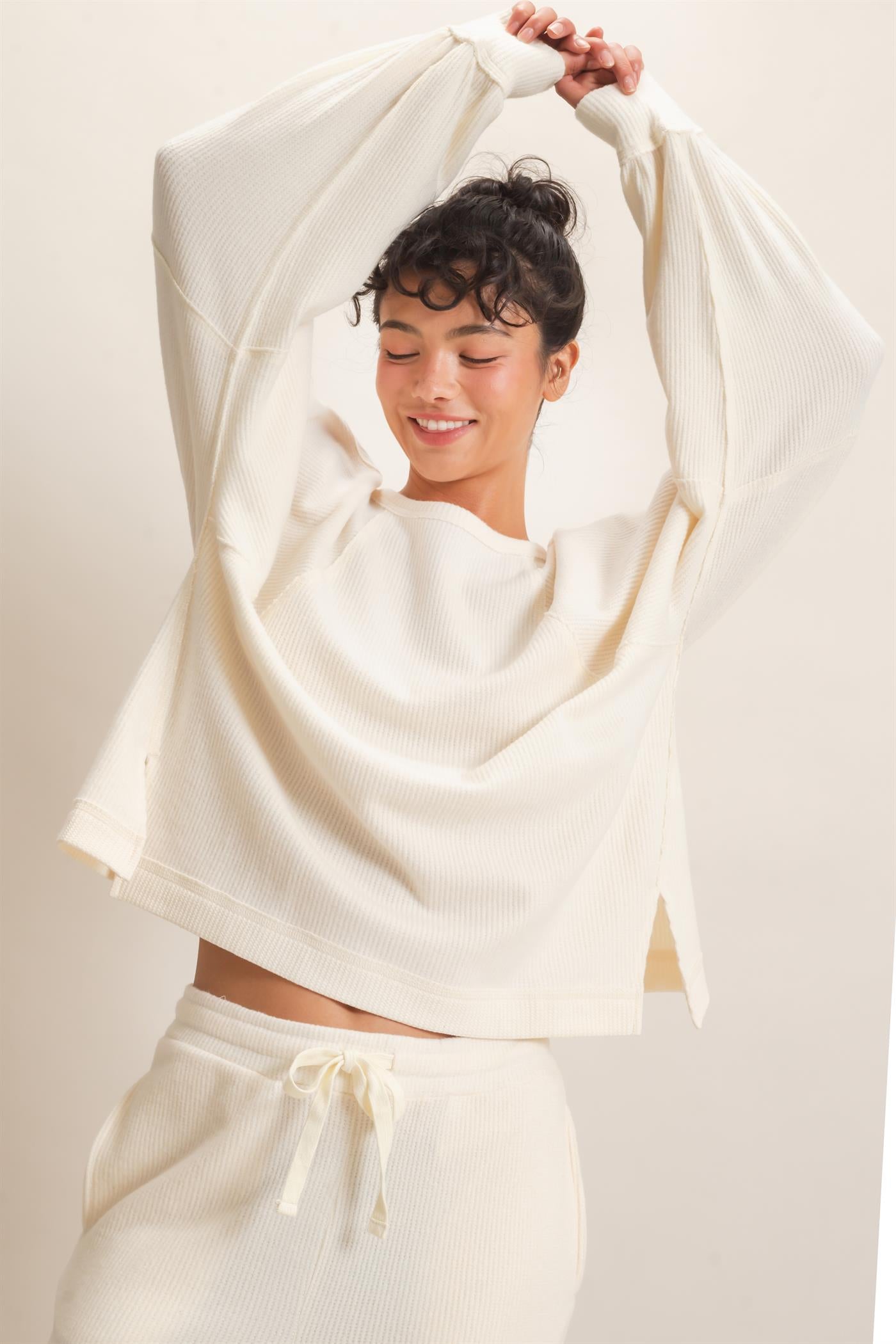 Wholesale Brushed Waffle Long Sleeve Top Clothing Tops DZ26F312 CREAM DOUBLE ZERO