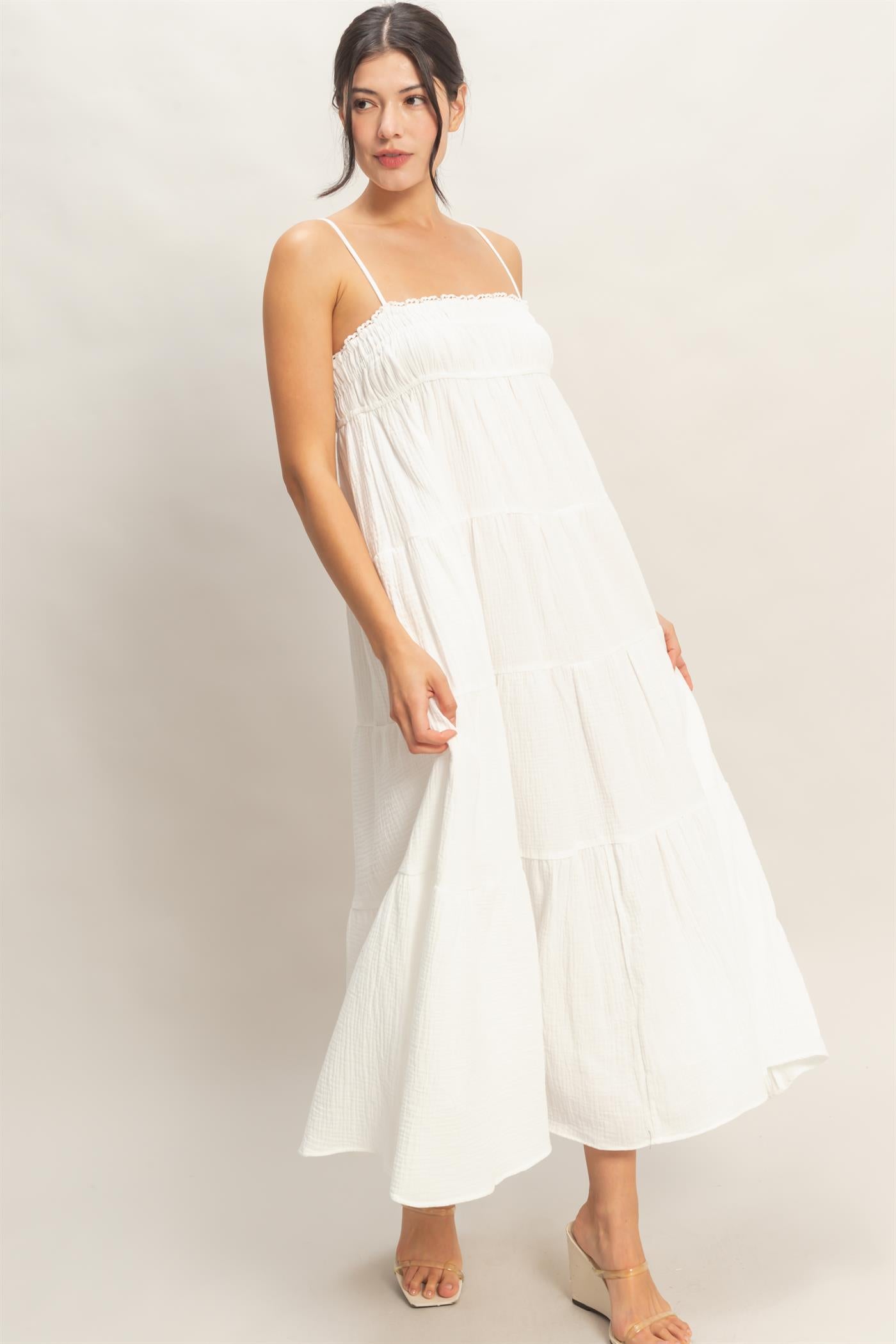 Wholesale Smocked Tiered Maxi Dress Dresses HF26C303 OFF WHITE HYFVE