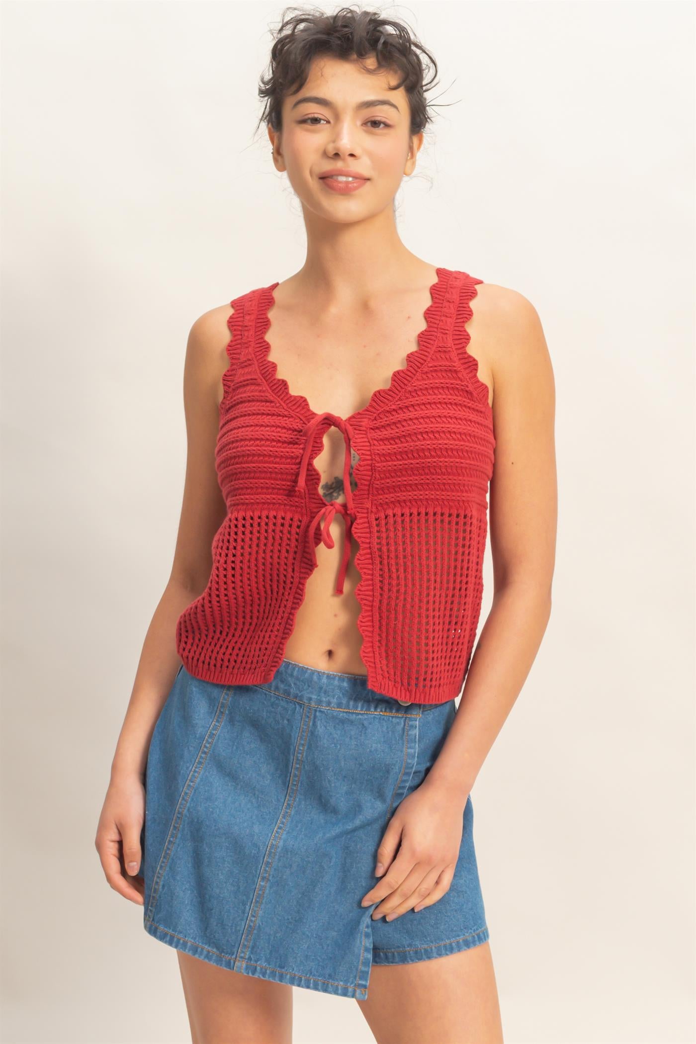 Wholesale Sleeveless Open Knit Double Tie-Front Vest Shirts DZ26A809 DARK RED DOUBLE ZERO