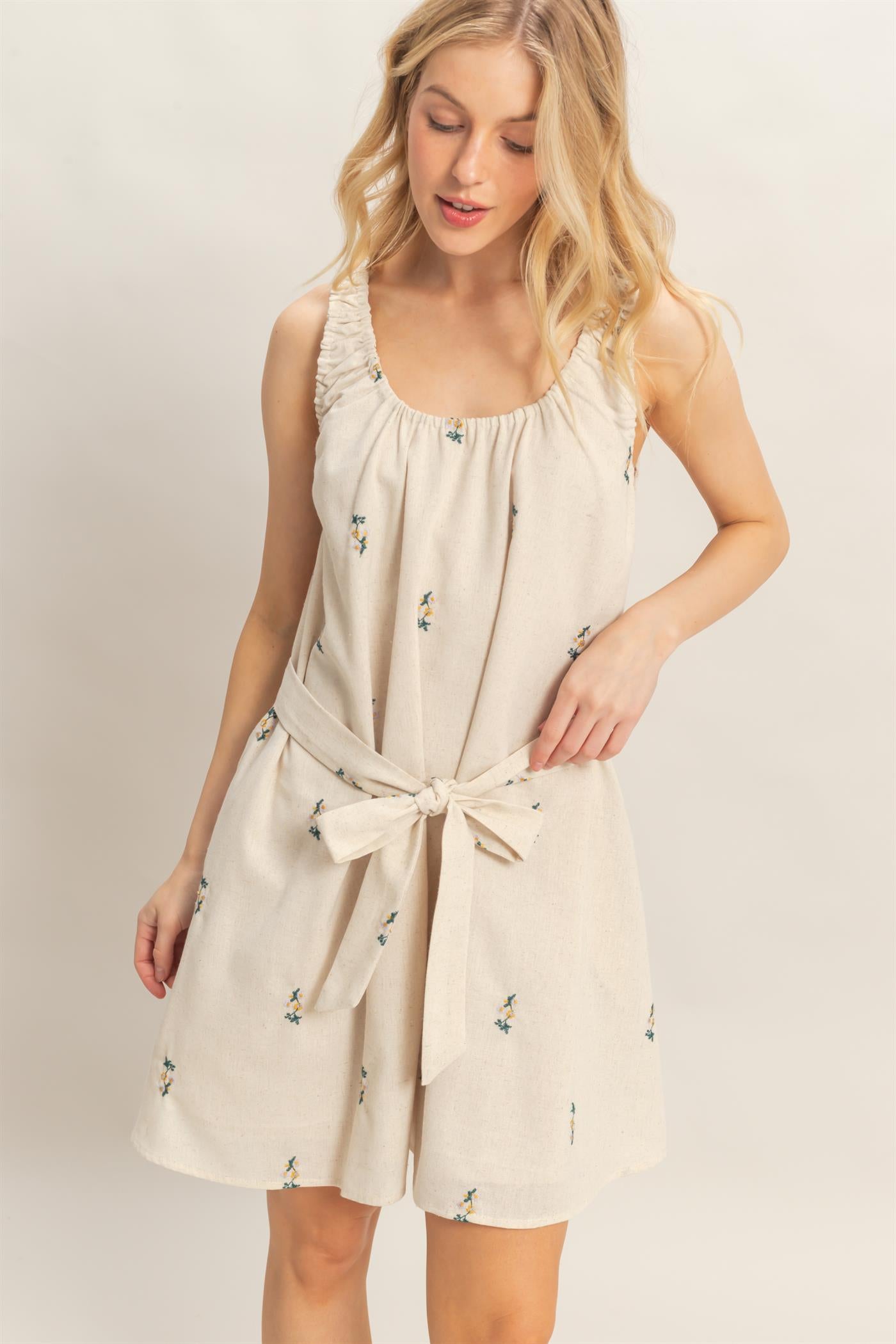 Wholesale Ruched Sleeveless Mini Dress Dresses HF26A786 OATMEAL/GREEN COMBO HYFVE