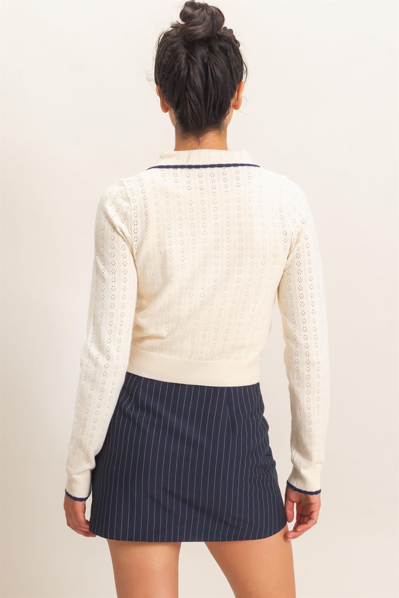 Wholesale Collared Pointelle Knit Cardigan Sweaters DZ26E101 CREAM DOUBLE ZERO