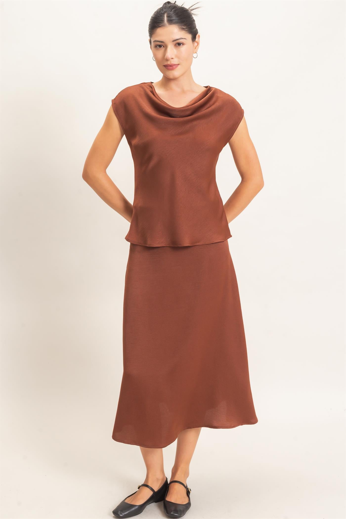 Wholesale Satin Cowl Neck Top And Skirt Set Clothing HF26C690-SET BROWN HYFVE
