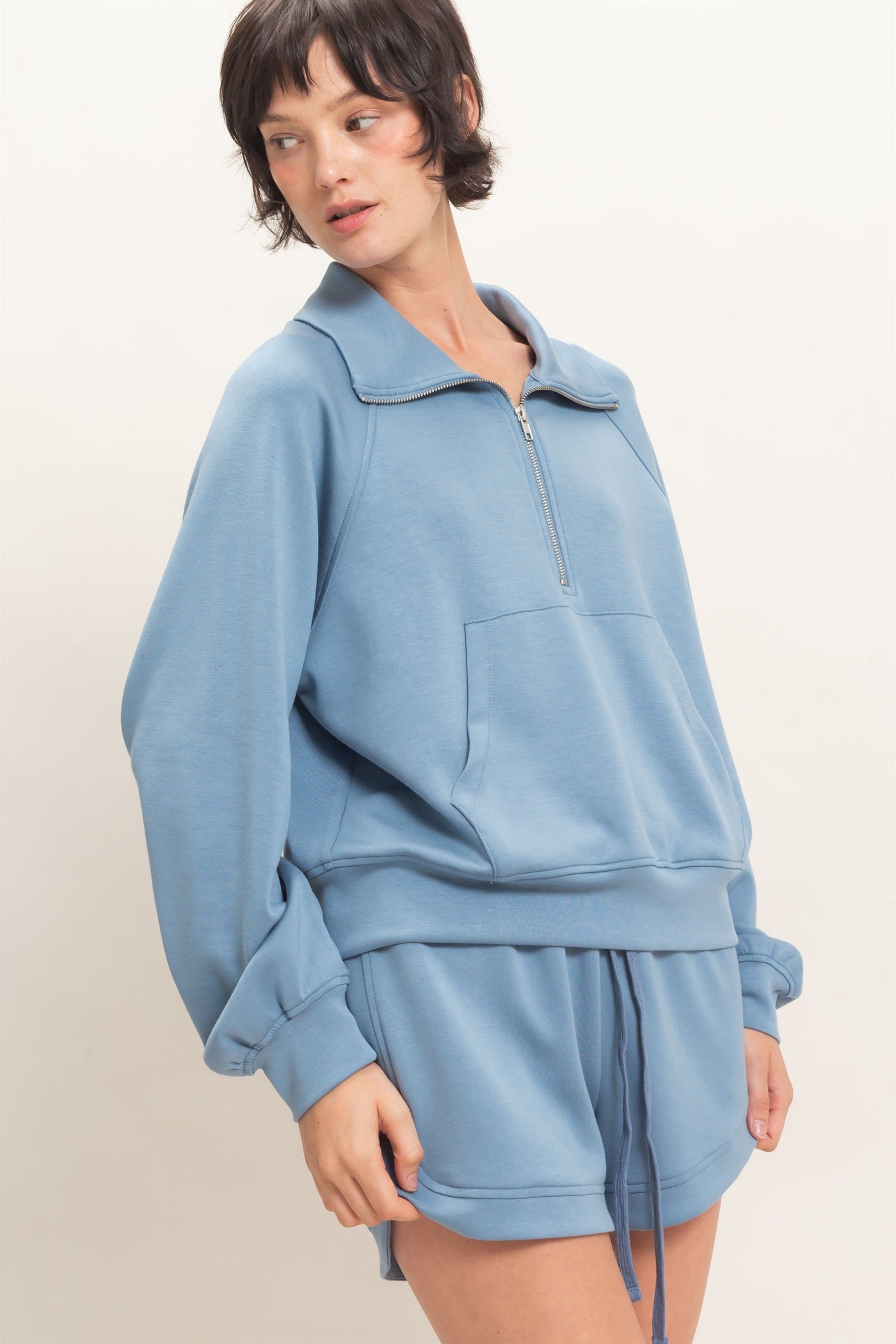 Wholesale Half-Zip Collar Raglan Pullover Sweatshirts DZ26C967 DUSTY BLUE DOUBLE ZERO