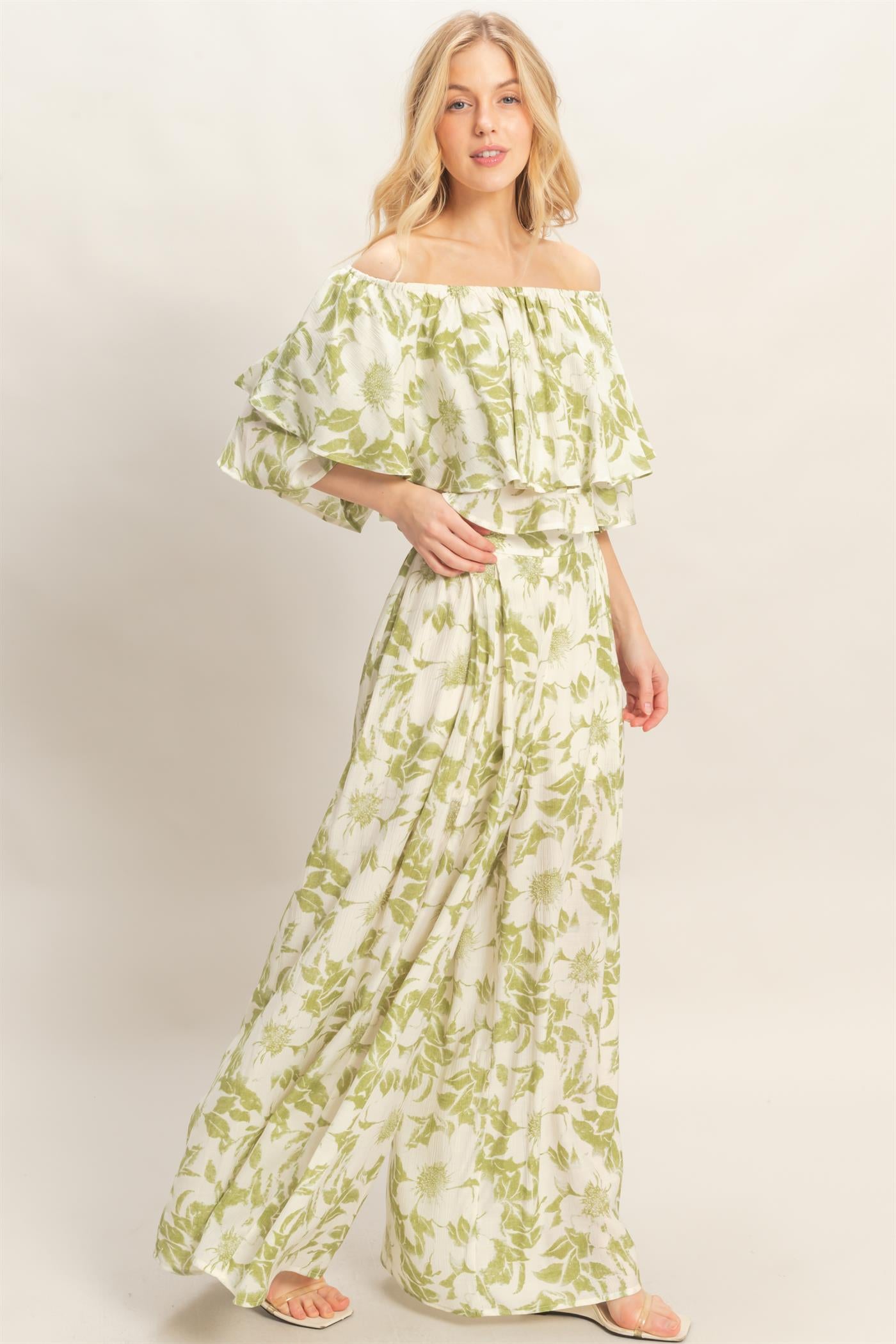 Wholesale Floral Off-Shoulder Top & Pants Set Clothing Tops HF26C832-SET LIGHT OLIVE HYFVE