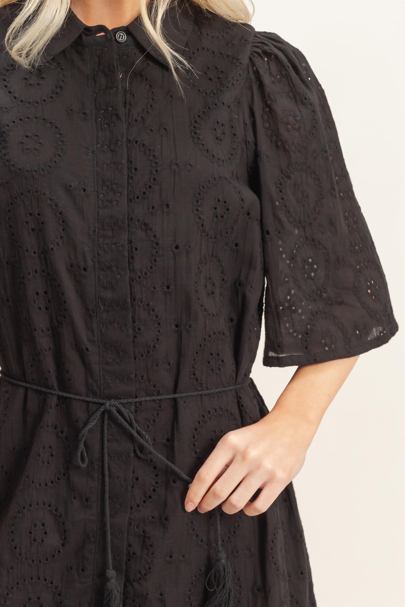 Wholesale Eyelet Collared Midi Dress Dresses HF26A021 BLACK HYFVE