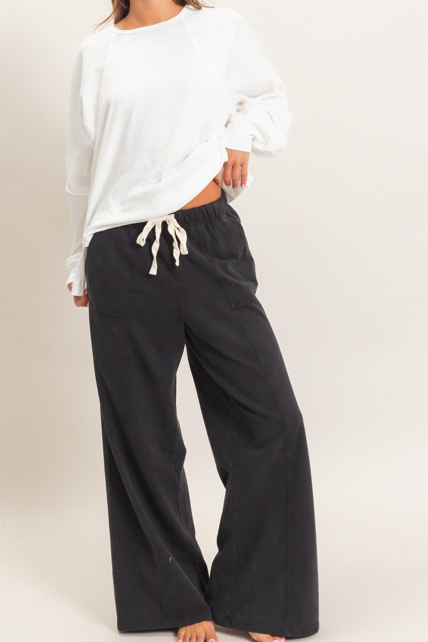 Wholesale Acid Wash Drawstring Waist Wide Leg Pants Pants DZ25A685 BLACK DOUBLE ZERO