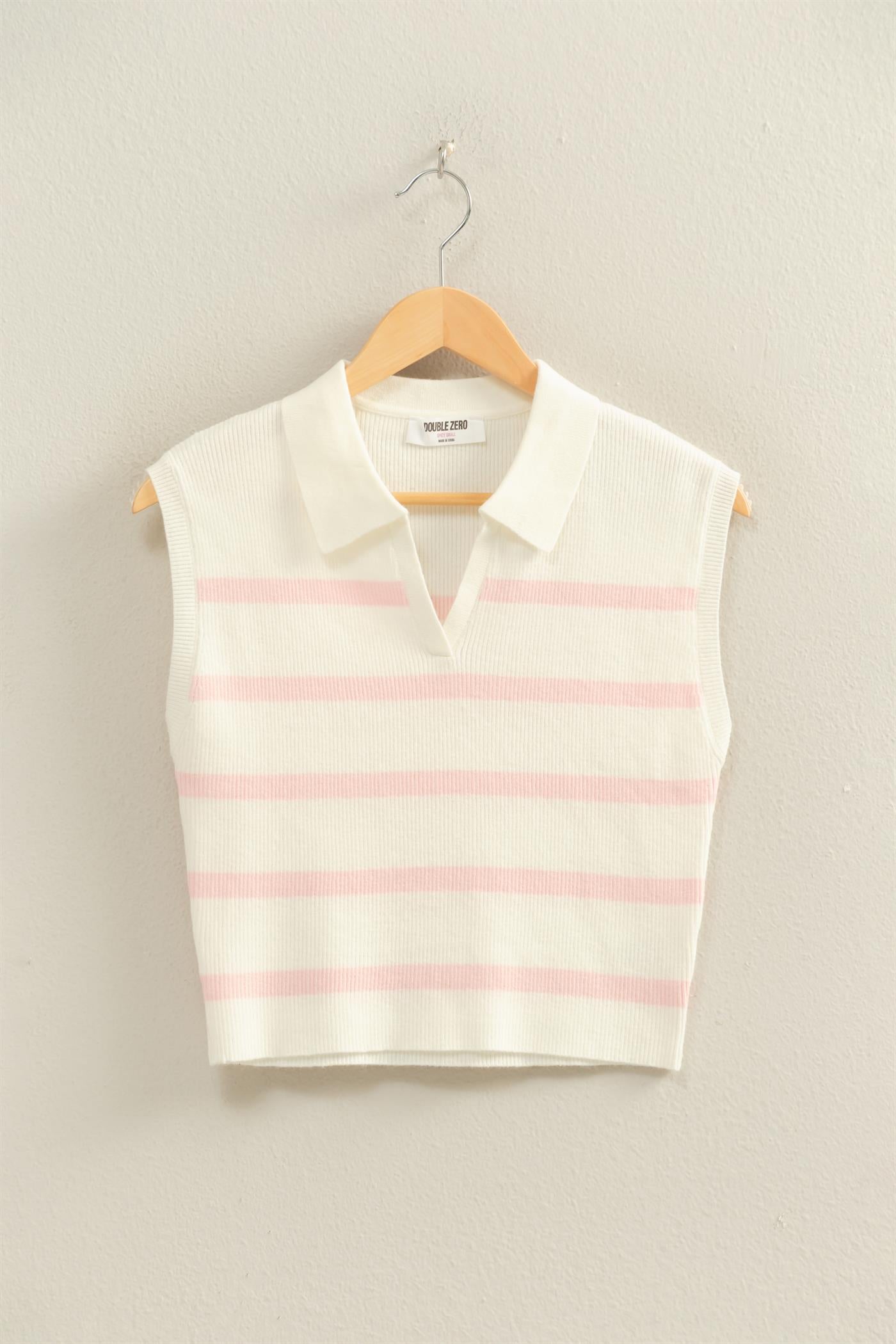 Wholesale Collared Striped Polo Vest Clothing Tops DZ26A337 SOFT PINK DOUBLE ZERO