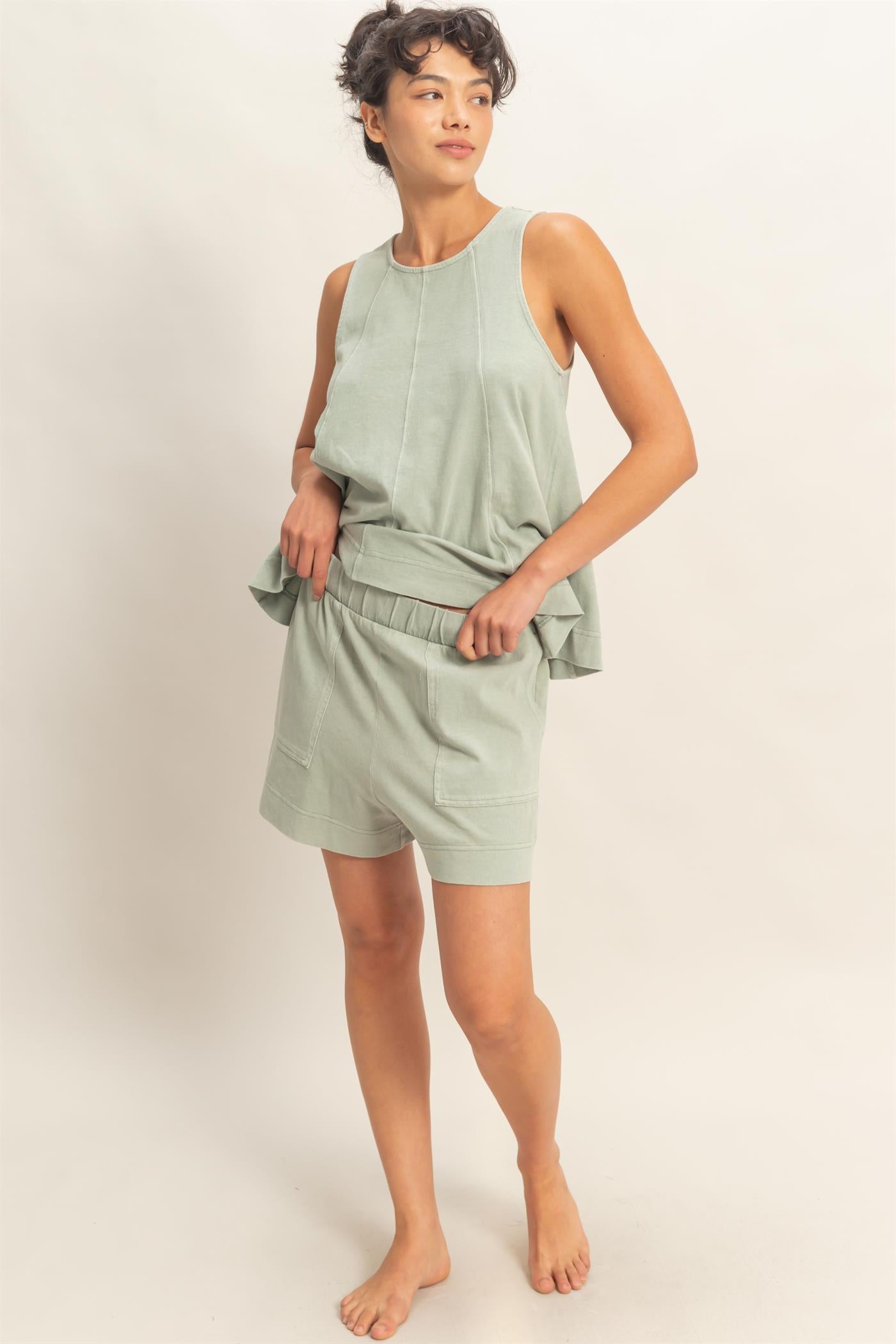 Wholesale Sleeveless Round Neck Top & Shorts Set Clothing DZ26C730-SET SAGE GREEN DOUBLE ZERO