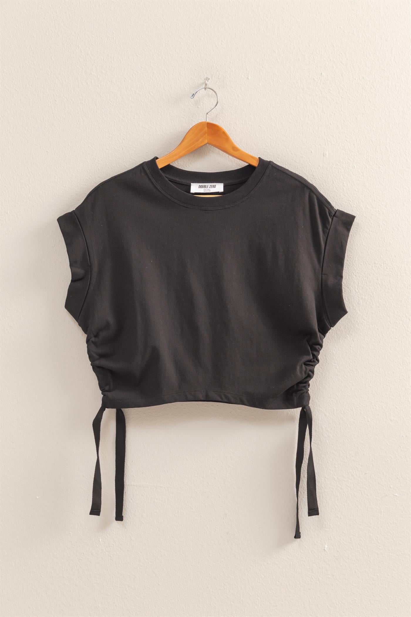 Wholesale Short Sleeve Side Tie Detail Top Clothing Tops DZ25C113 BLACK DOUBLE ZERO