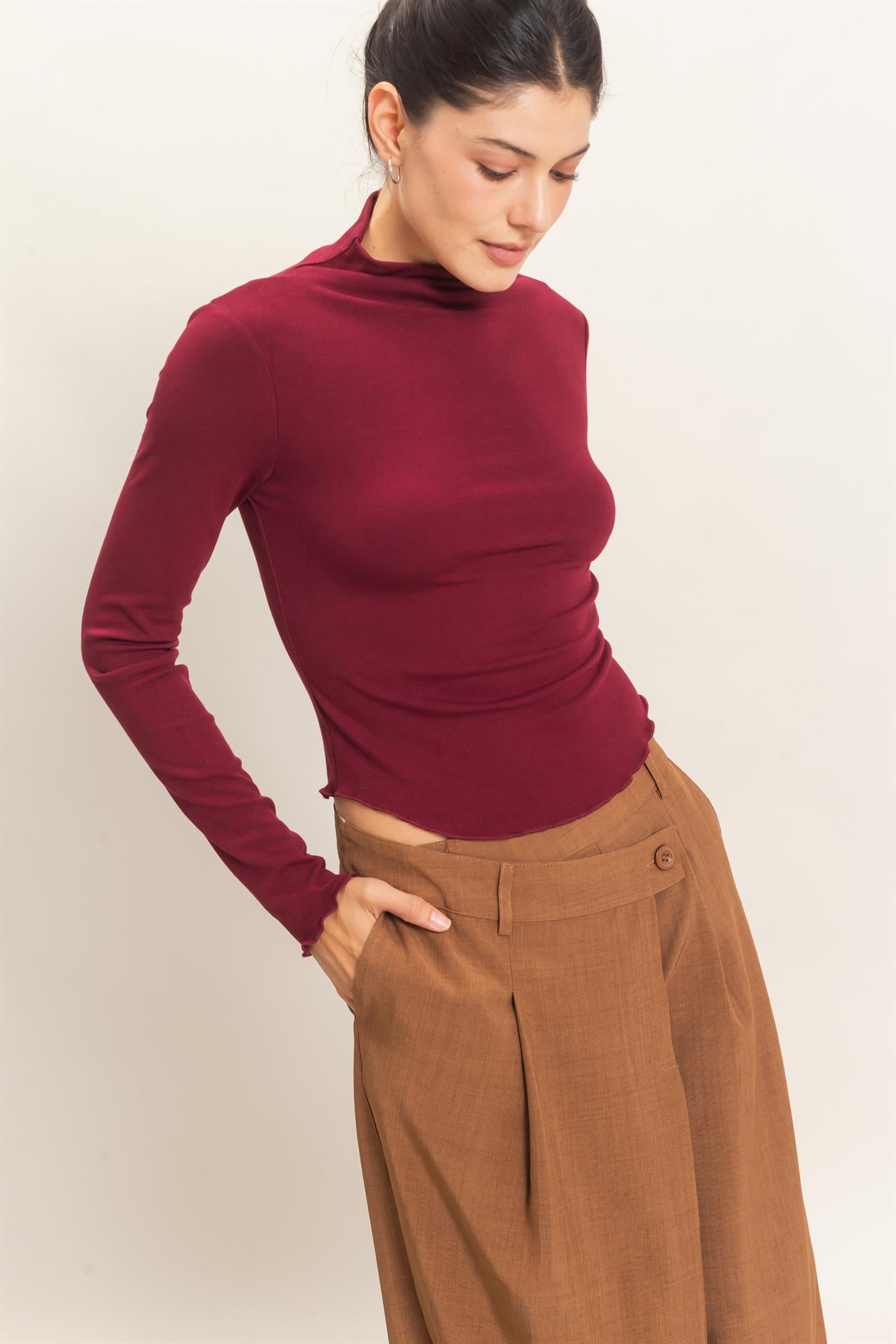 Wholesale Long Sleeve Lettuce Hem Top Clothing Tops HF26F122 BURGUNDY HYFVE