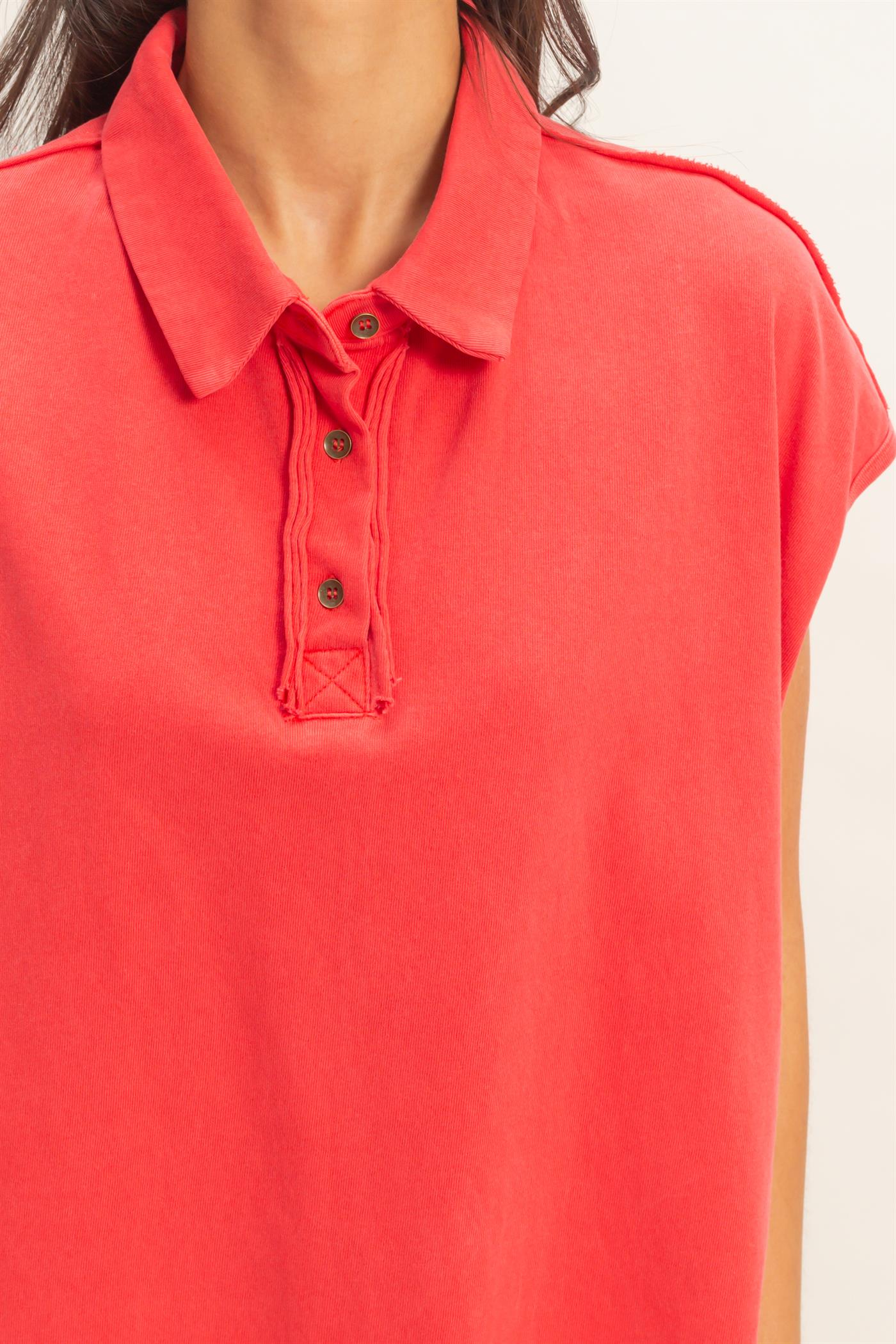 Wholesale Pigment Dye Sleeveless Polo Oversized Top Clothing Tops DZ26C618 RED DOUBLE ZERO