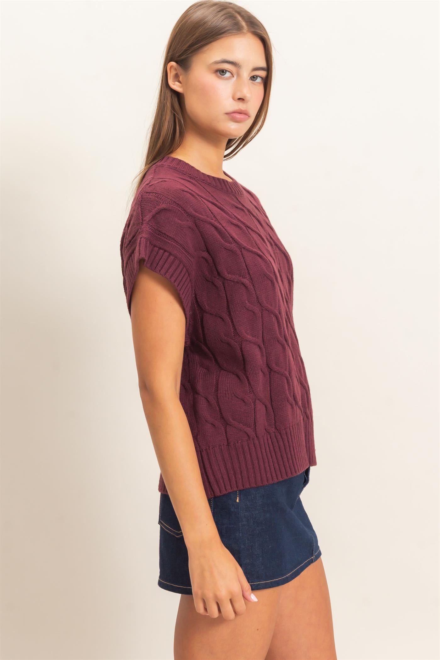 Wholesale Cable Knit Cap Sleeve Sweater Sweaters DZ26C974 DARK CHERRY DOUBLE ZERO