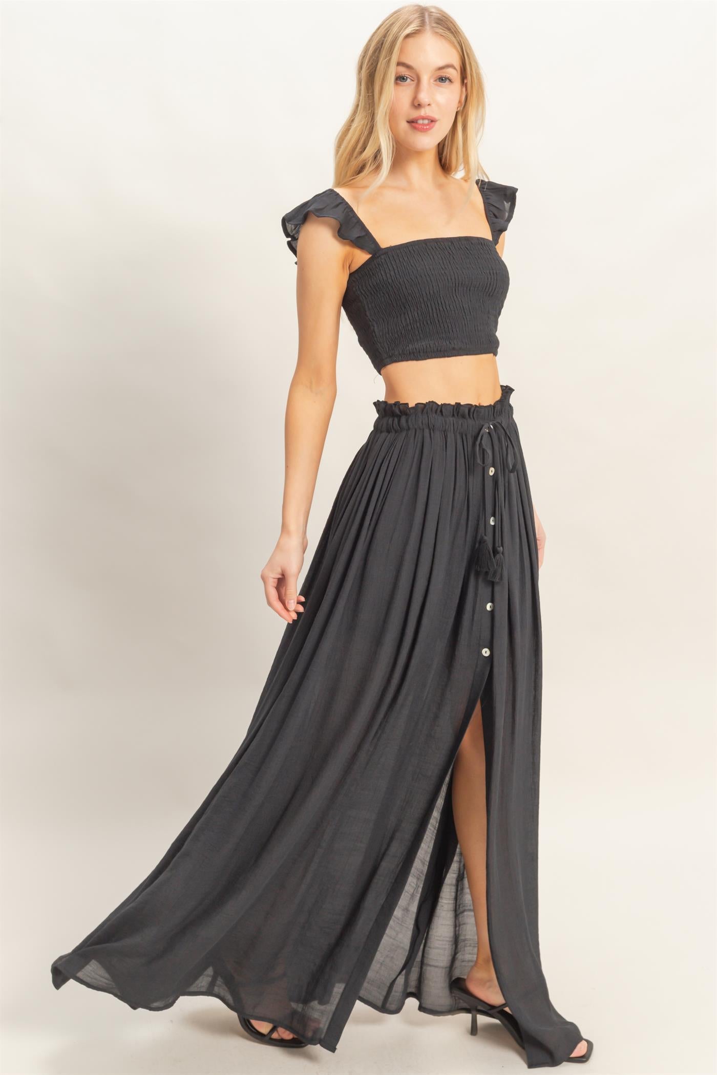 Wholesale Smocked Top & Maxi Skirt Set Clothing HF26C292-SET-D BLACK HYFVE