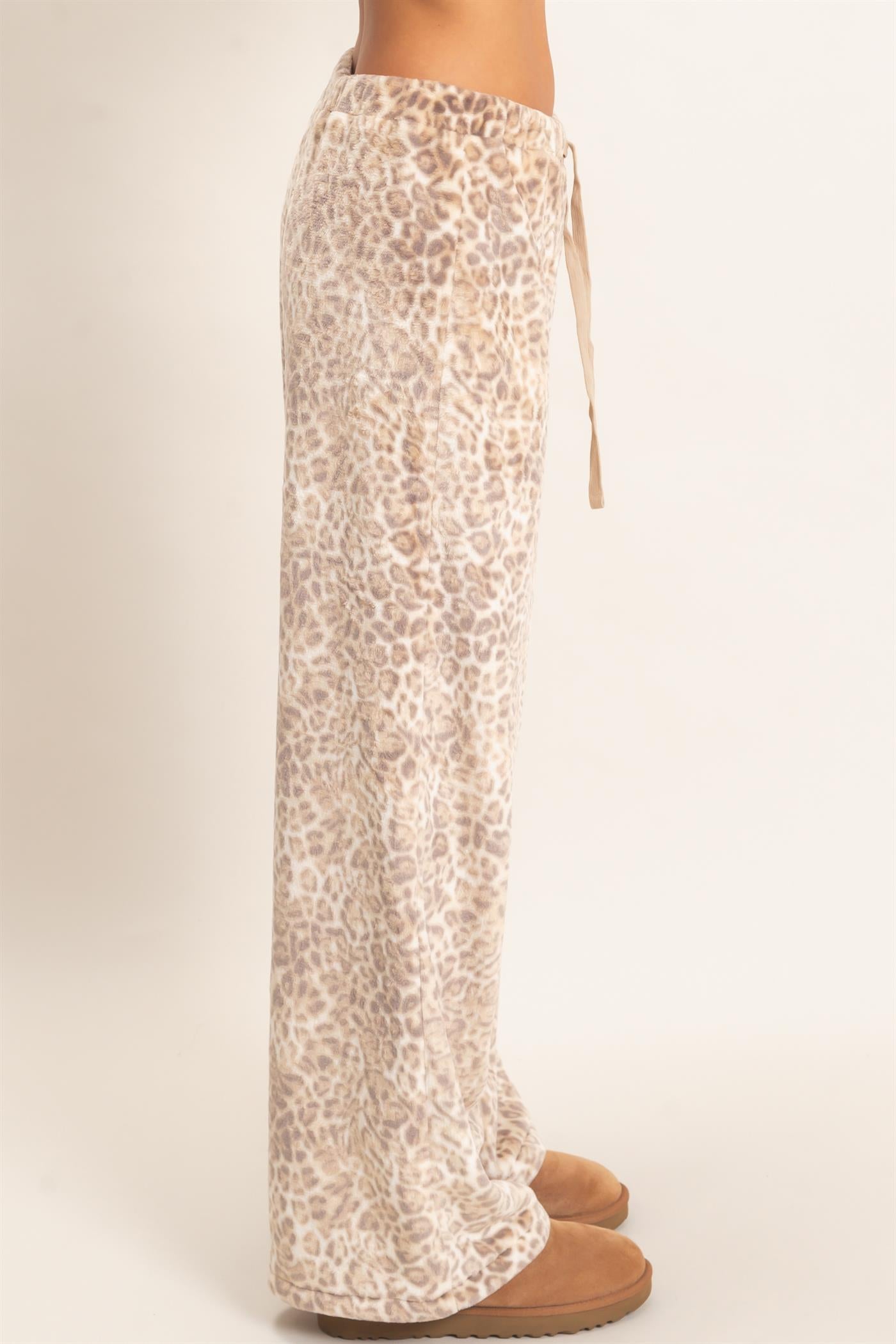 Wholesale Leopard Print Fleece Wide-Leg Pants Pants DZ26E829 BEIGE DOUBLE ZERO