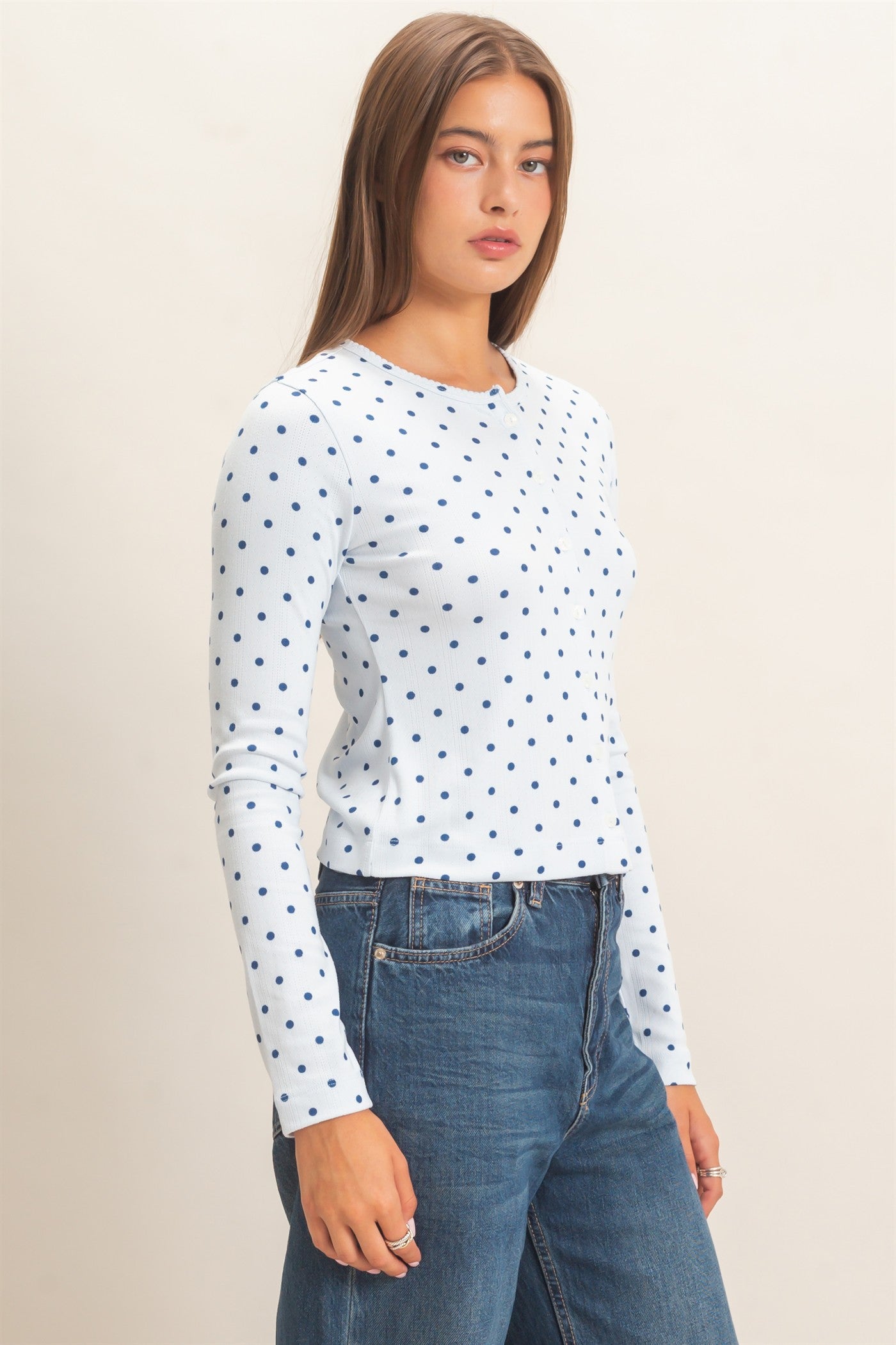 Wholesale Polka Dot Button Front Long Sleeve Top Clothing Tops DZ27A156 LIGHT BLUE DOUBLE ZERO