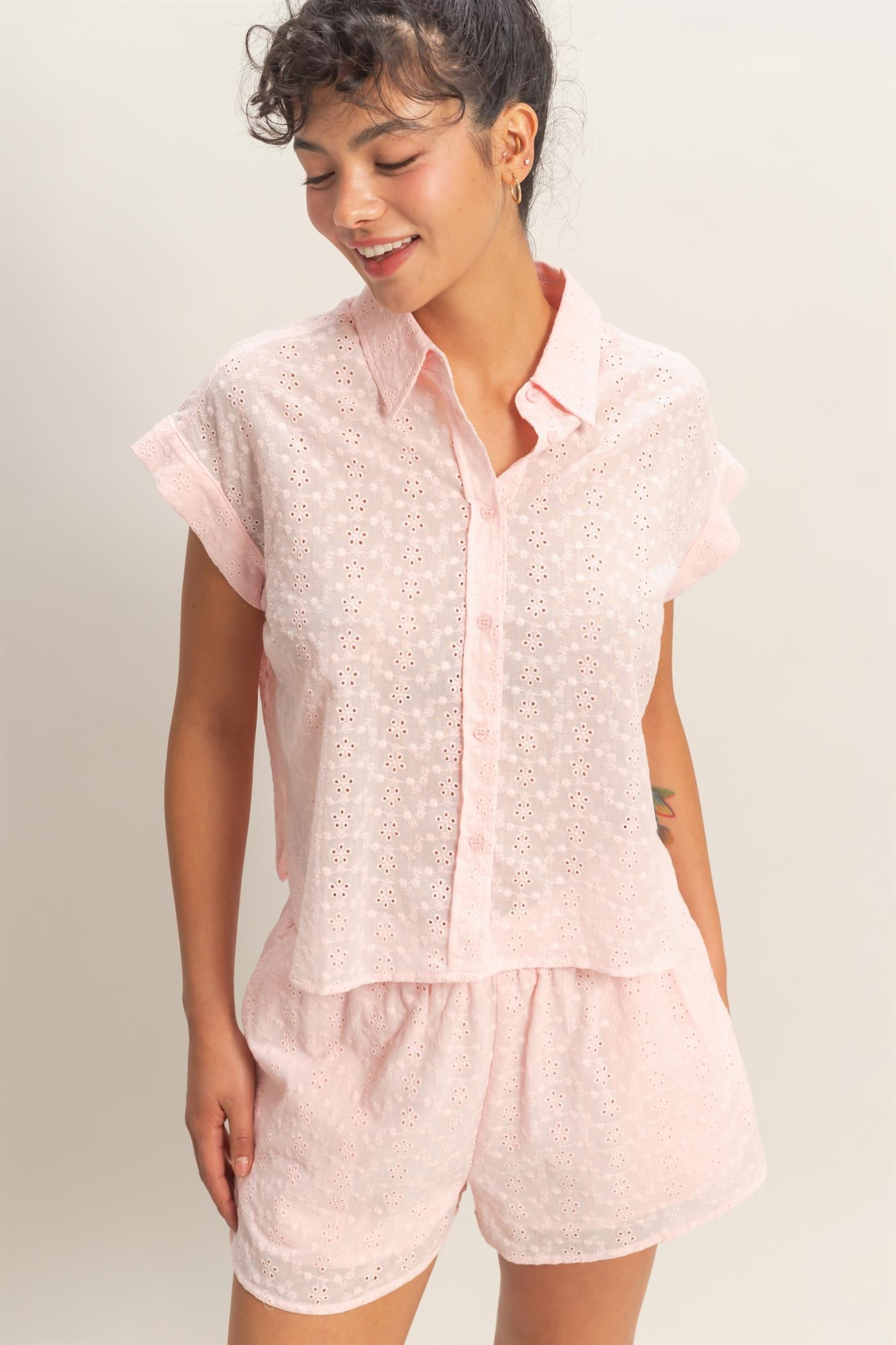 Wholesale Eyelet Dolman Short Sleeve Button Up Shirt Clothing Tops DZ26C088 SOFT PINK DOUBLE ZERO