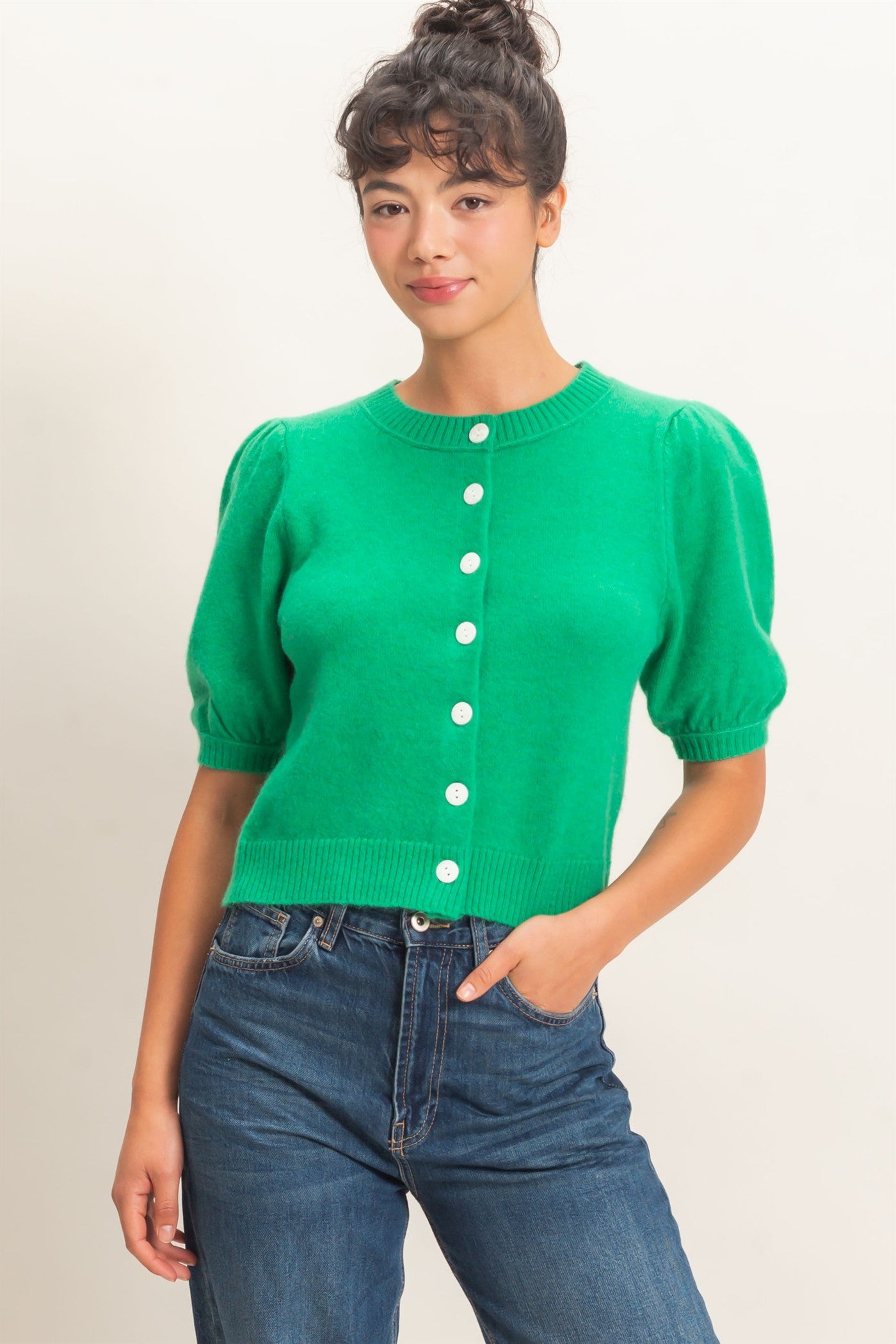 Wholesale Button Front Puff Short Sleeve Cardigan Cardigans DZ26C960 EMERALD DOUBLE ZERO
