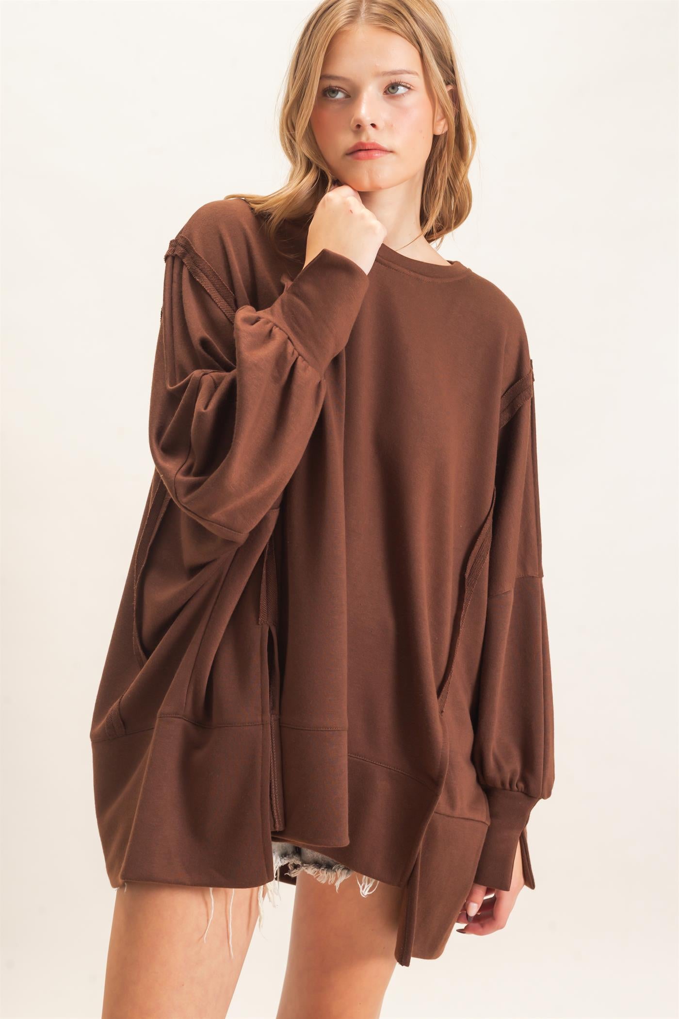 Wholesale Oversized Crew Neck Sweatshirt Sweatshirts HF26F132 BROWN HYFVE
