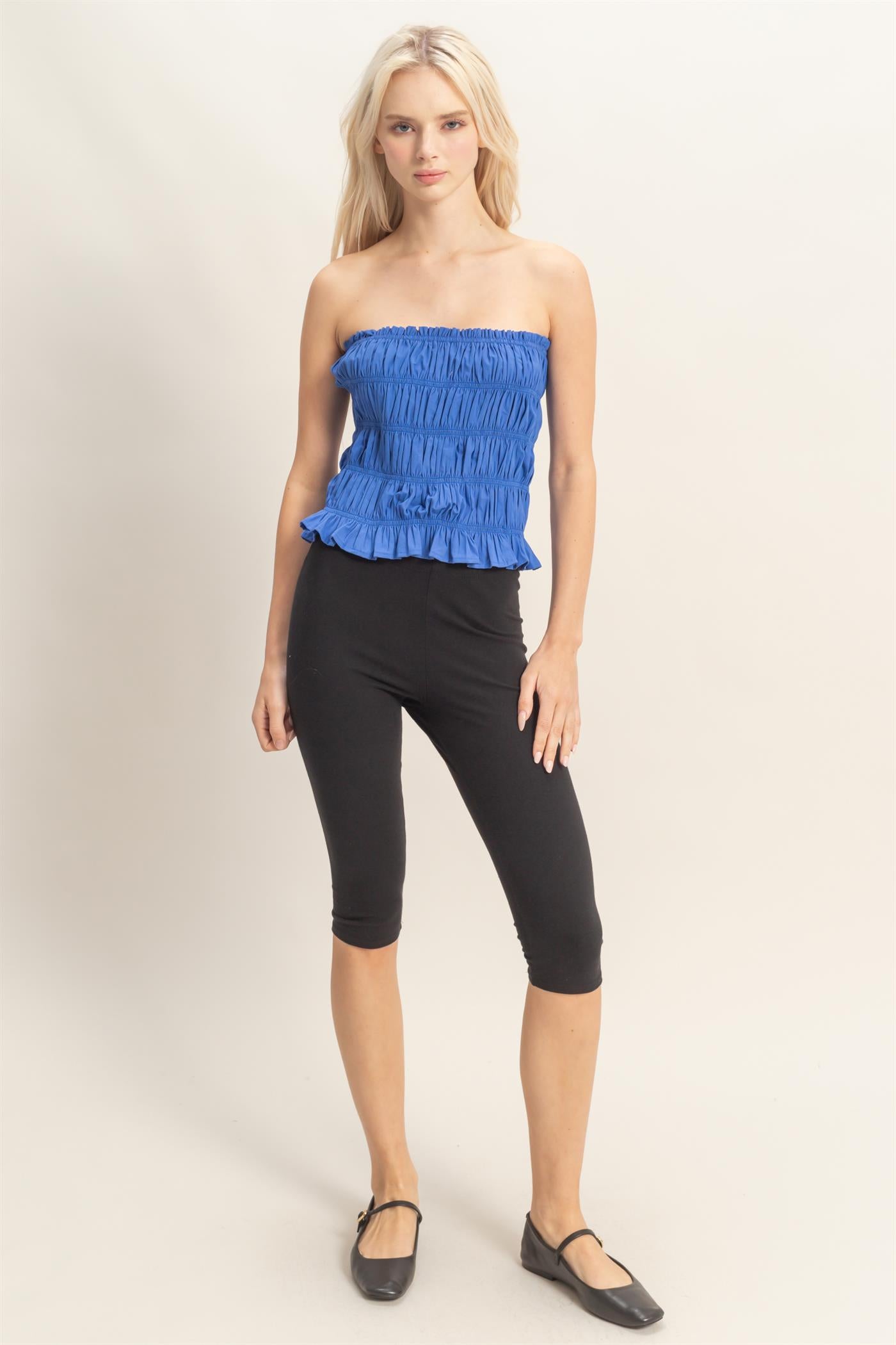 Wholesale Smocked Ruffle Tube Top Clothing Tops DZ26C282 COBALT DOUBLE ZERO