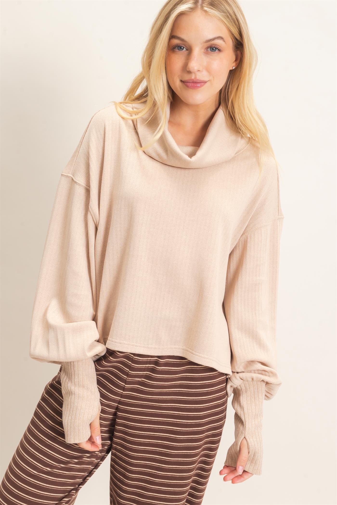 Wholesale Loose Turtleneck Long Sleeve Top Clothing Tops HF26F258 BEIGE HYFVE