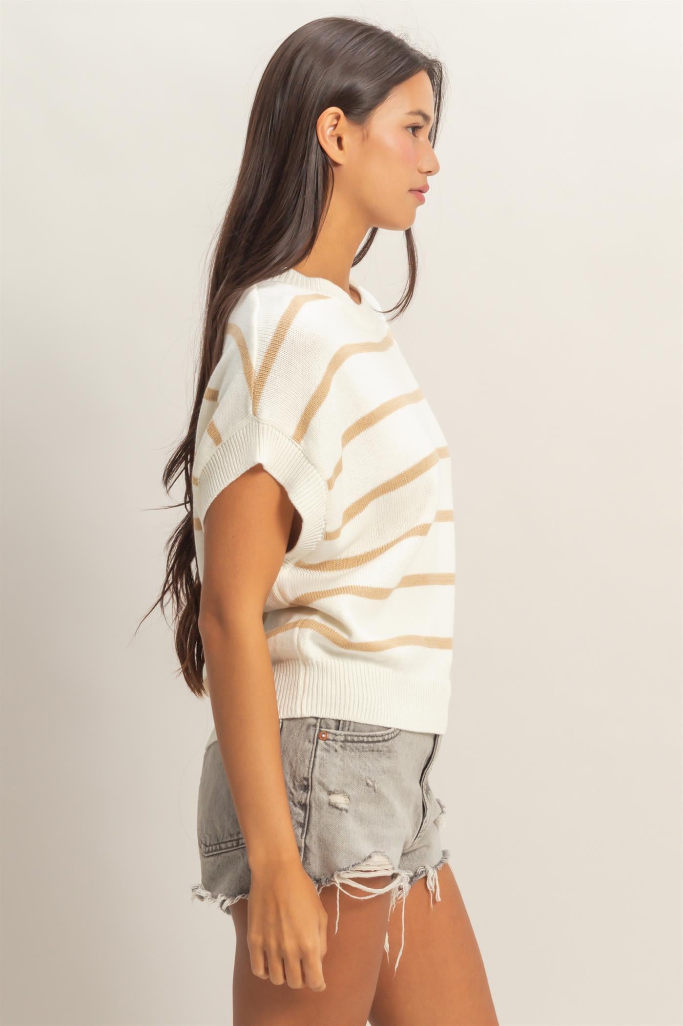 Wholesale Striped Crew Neck Knit Top Clothing Tops DZ26A740 TAUPE DOUBLE ZERO