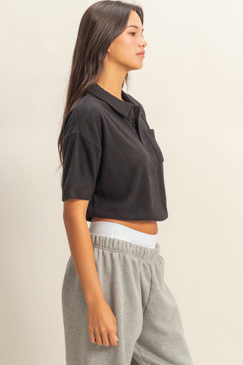 Wholesale Collared Short Sleeve Crop Top Clothing Tops DZ22A477 BLACK DOUBLE ZERO