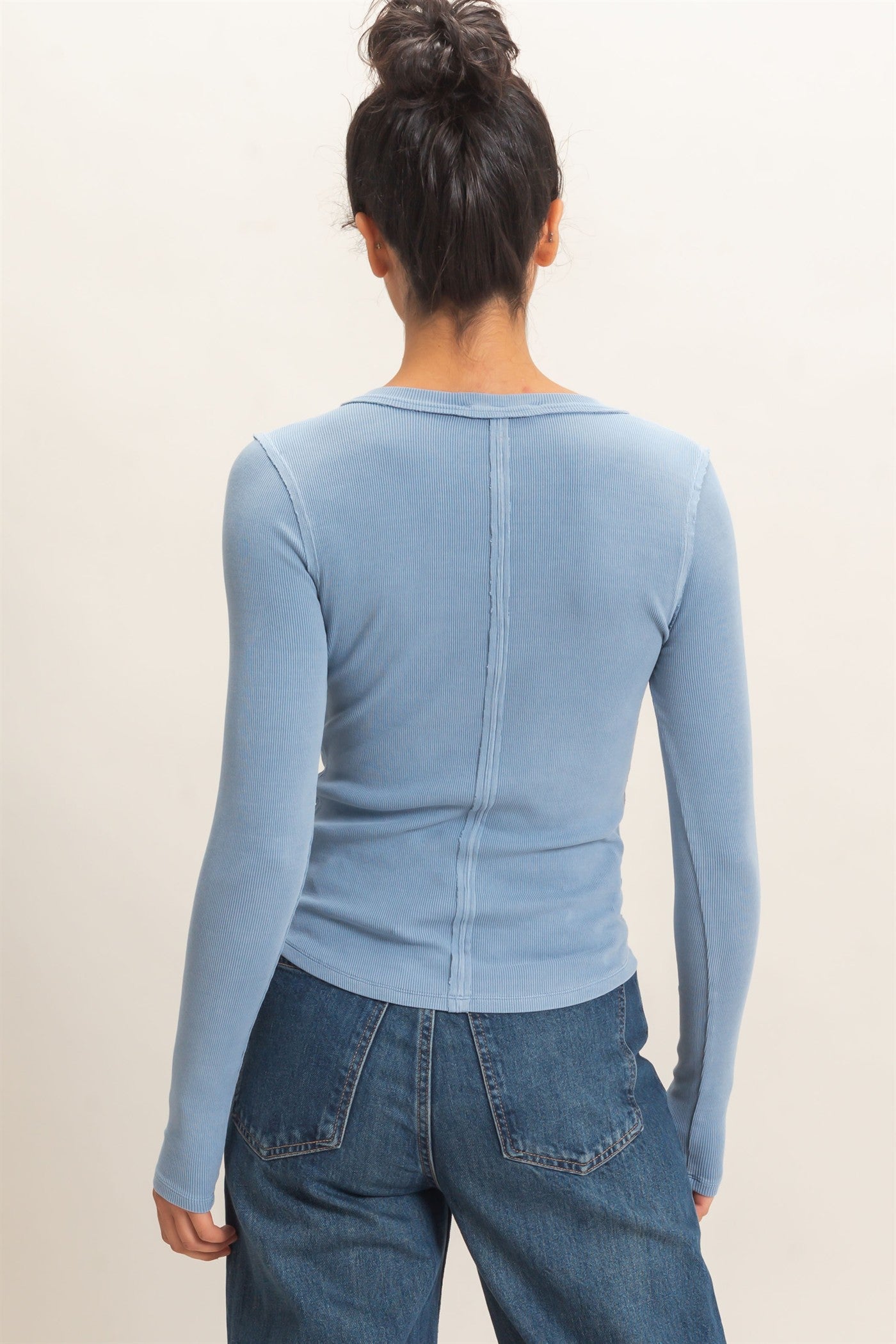 Wholesale Pigment Dye Henley Long Sleeve Top Clothing Tops DZ26C882 DUSTY BLUE DOUBLE ZERO