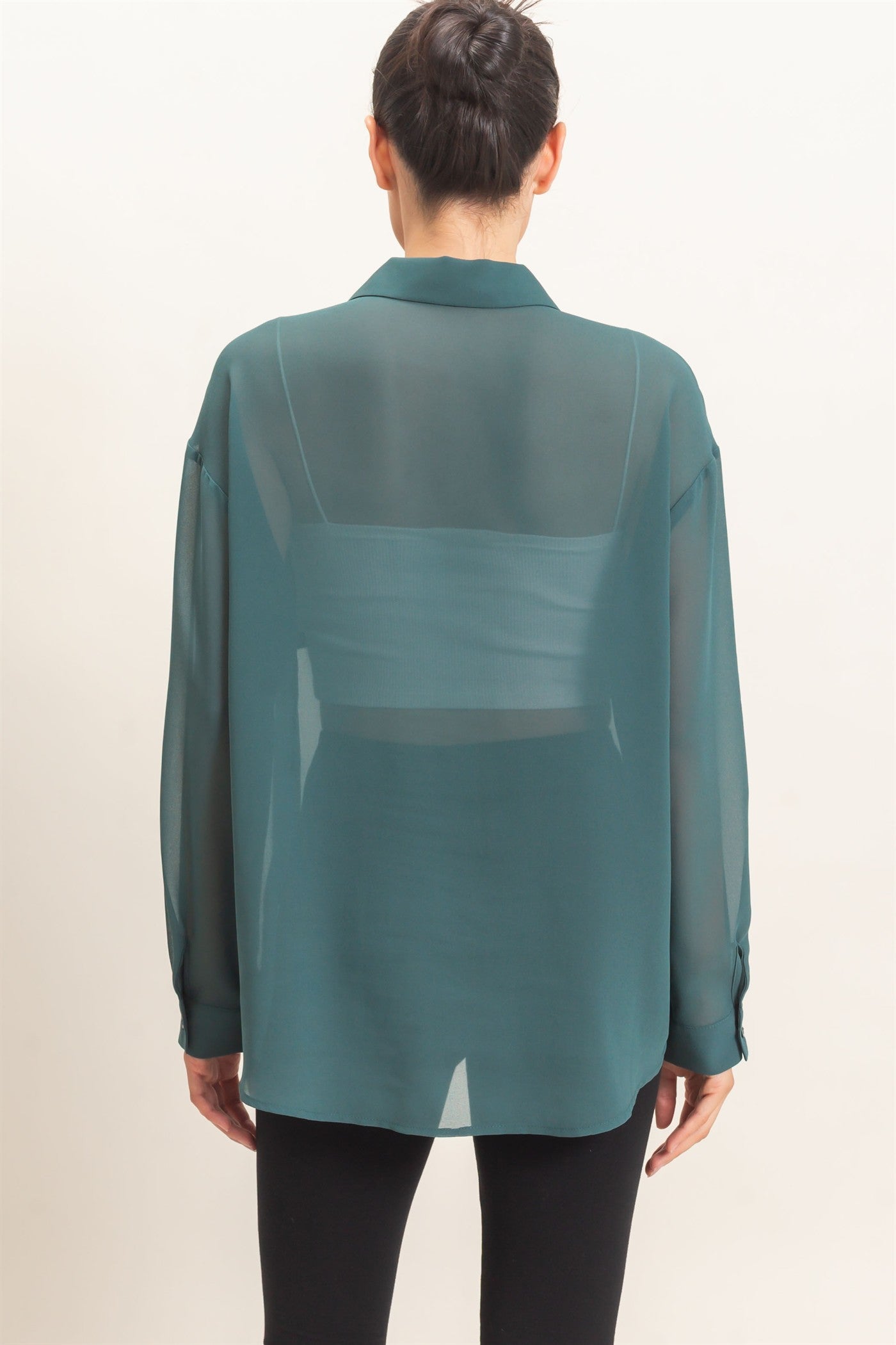Wholesale Button-Down Collar Blouse Shirts HF26F067 TEAL GREEN HYFVE