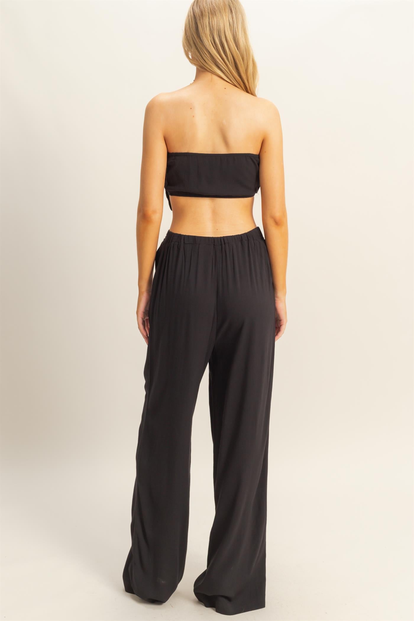 Wholesale Stretch Linen Top And Pants Set Clothing HF25E016-SET BLACK HYFVE