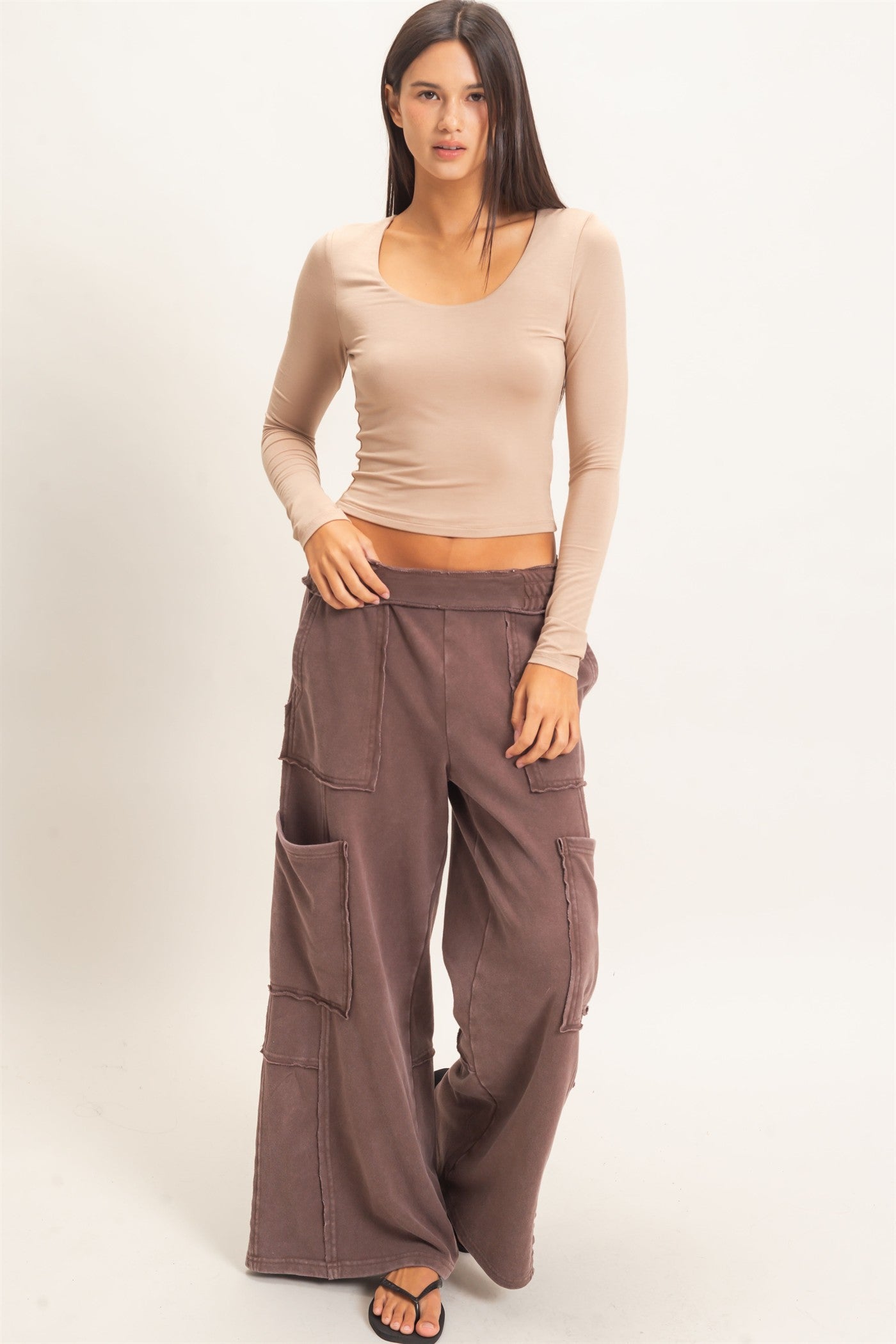 Wholesale Scoop Neck Long Sleeve Top Clothing Tops DZ26E250 DARK TAUPE DOUBLE ZERO
