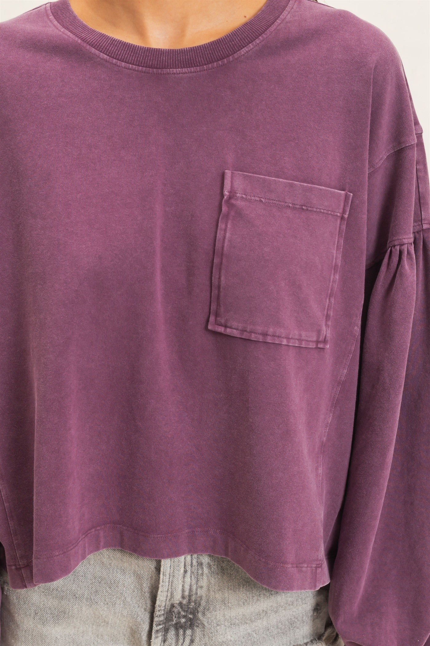 Wholesale Mineral Wash Puff Long Sleeve Boxy Top Clothing Tops DZ26F402 DARK CHERRY DOUBLE ZERO
