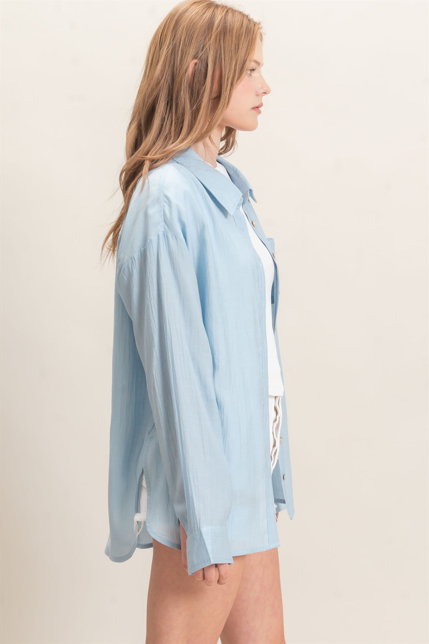 Wholesale Crinkled Button-Up Shirt Clothing Tops HF26E691 LIGHT BLUE HYFVE