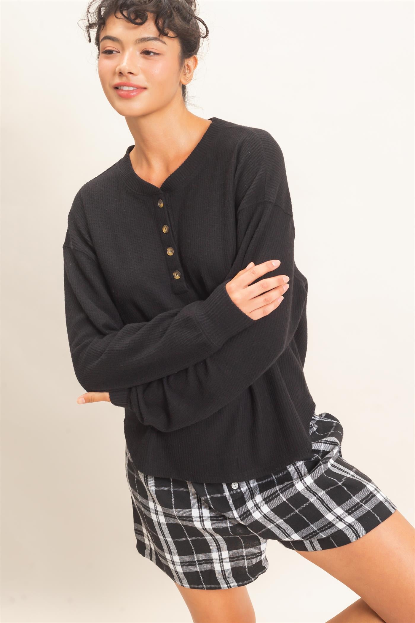 Wholesale Brushed Waffle Henley Top Clothing Tops DZ26F314 BLACK DOUBLE ZERO
