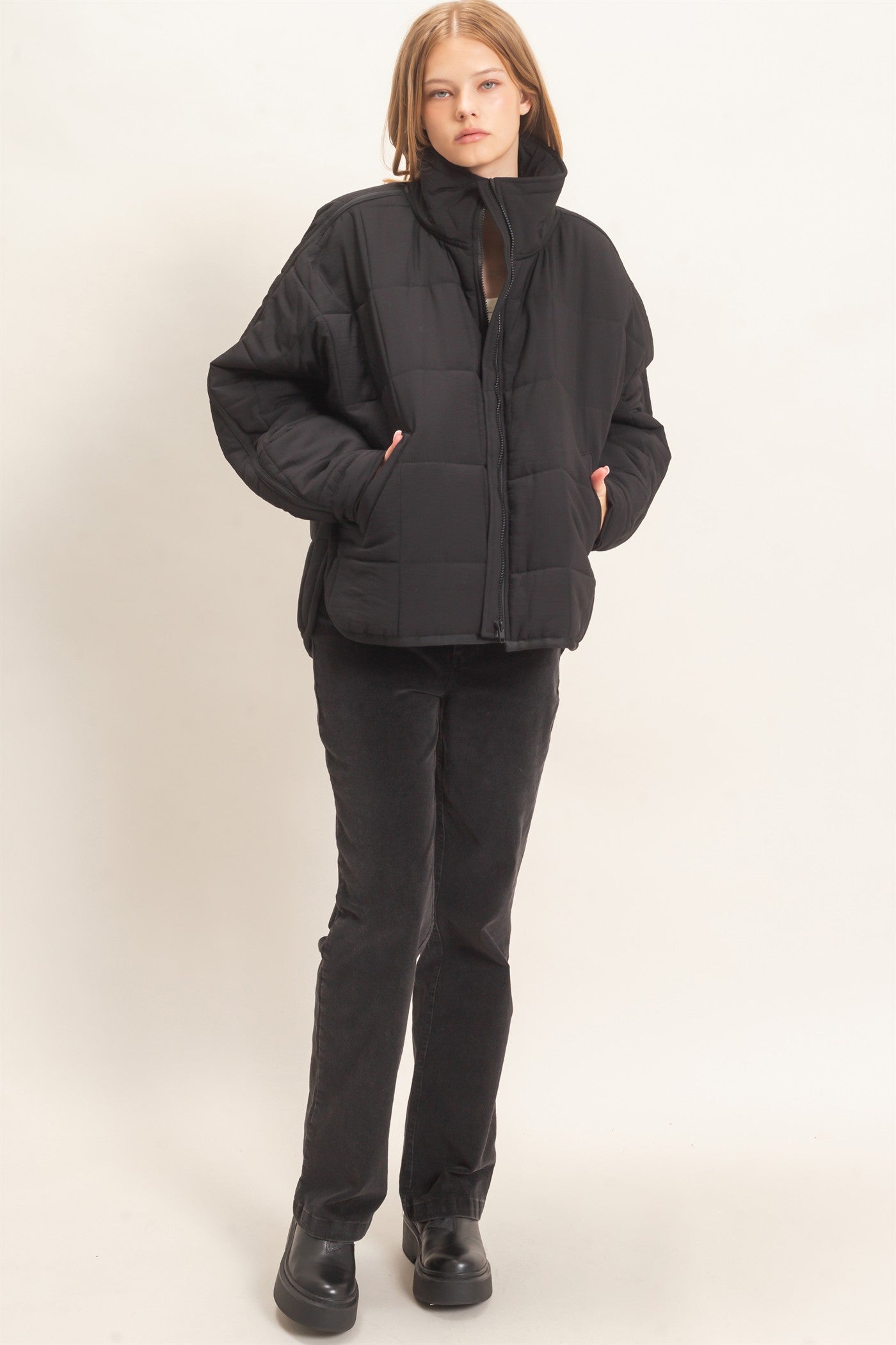 Wholesale Quilted Mock Neck Zip-Up Puffer Jacket Coats & Jackets HF26C865 BLACK HYFVE