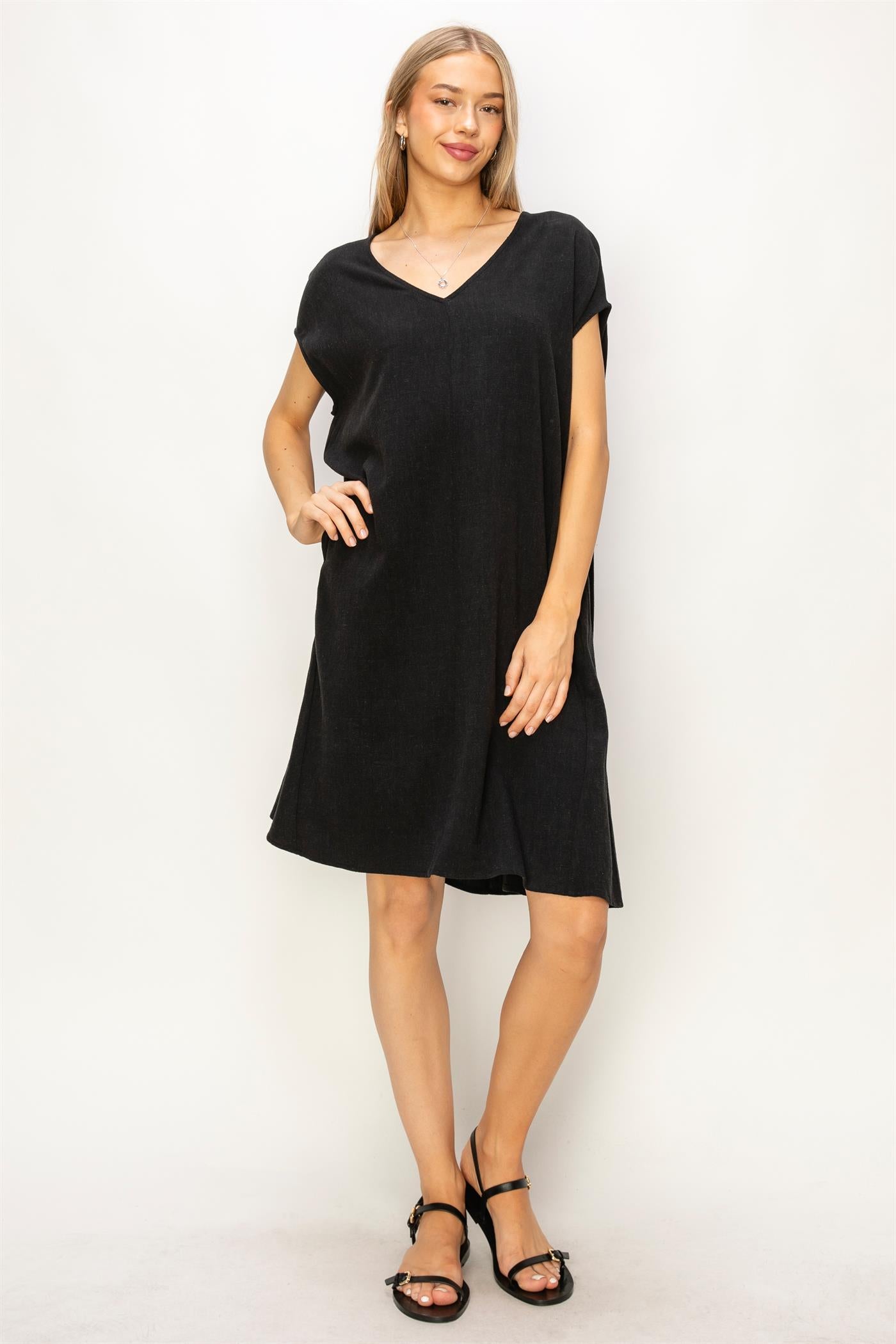 Wholesale V-Neck Oversized Linen Midi Dress Dresses DZ23E033-D BLACK DOUBLE ZERO