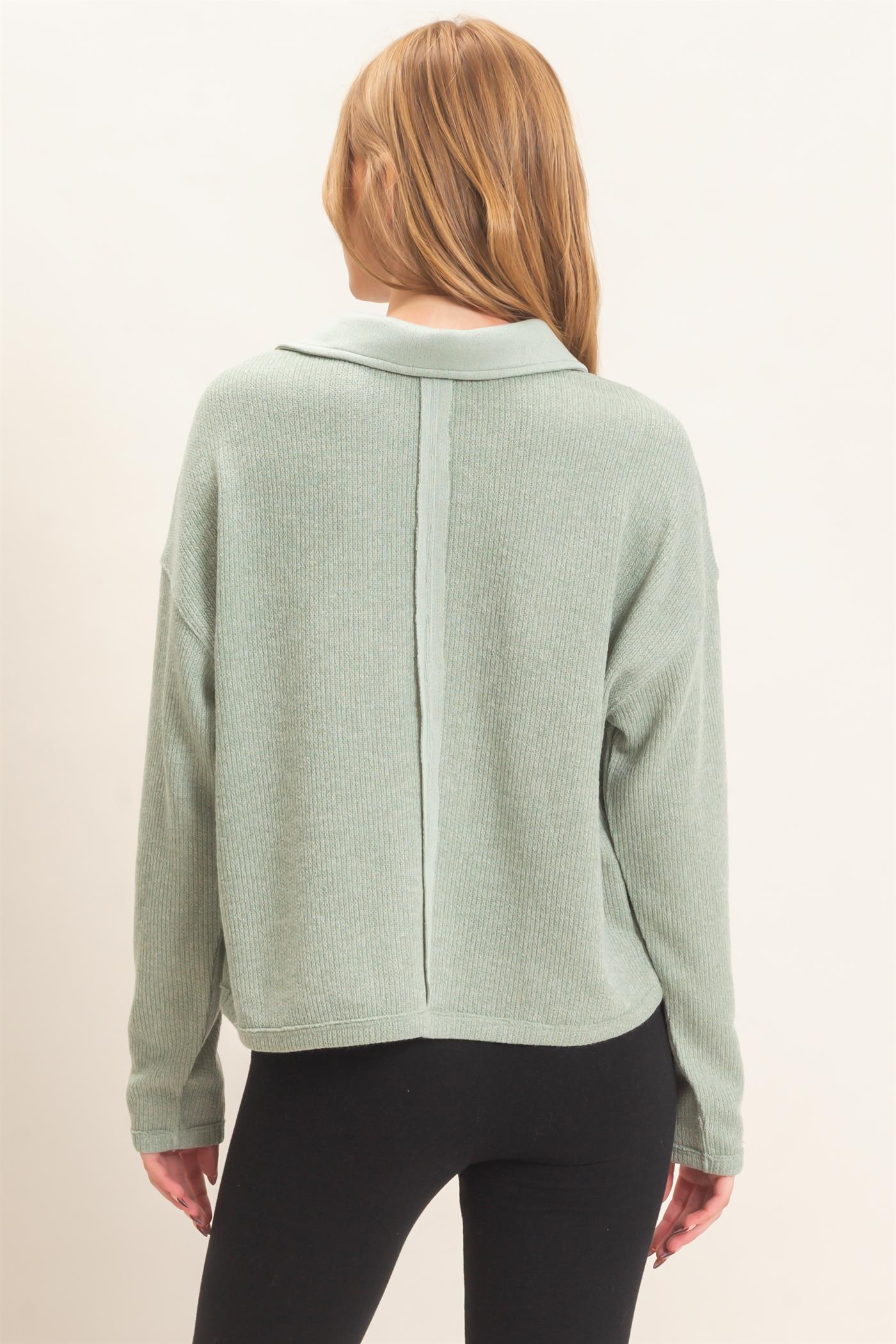 Wholesale Ribbed Collared Pullover Top Clothing Tops HF26E472 SAGE HYFVE
