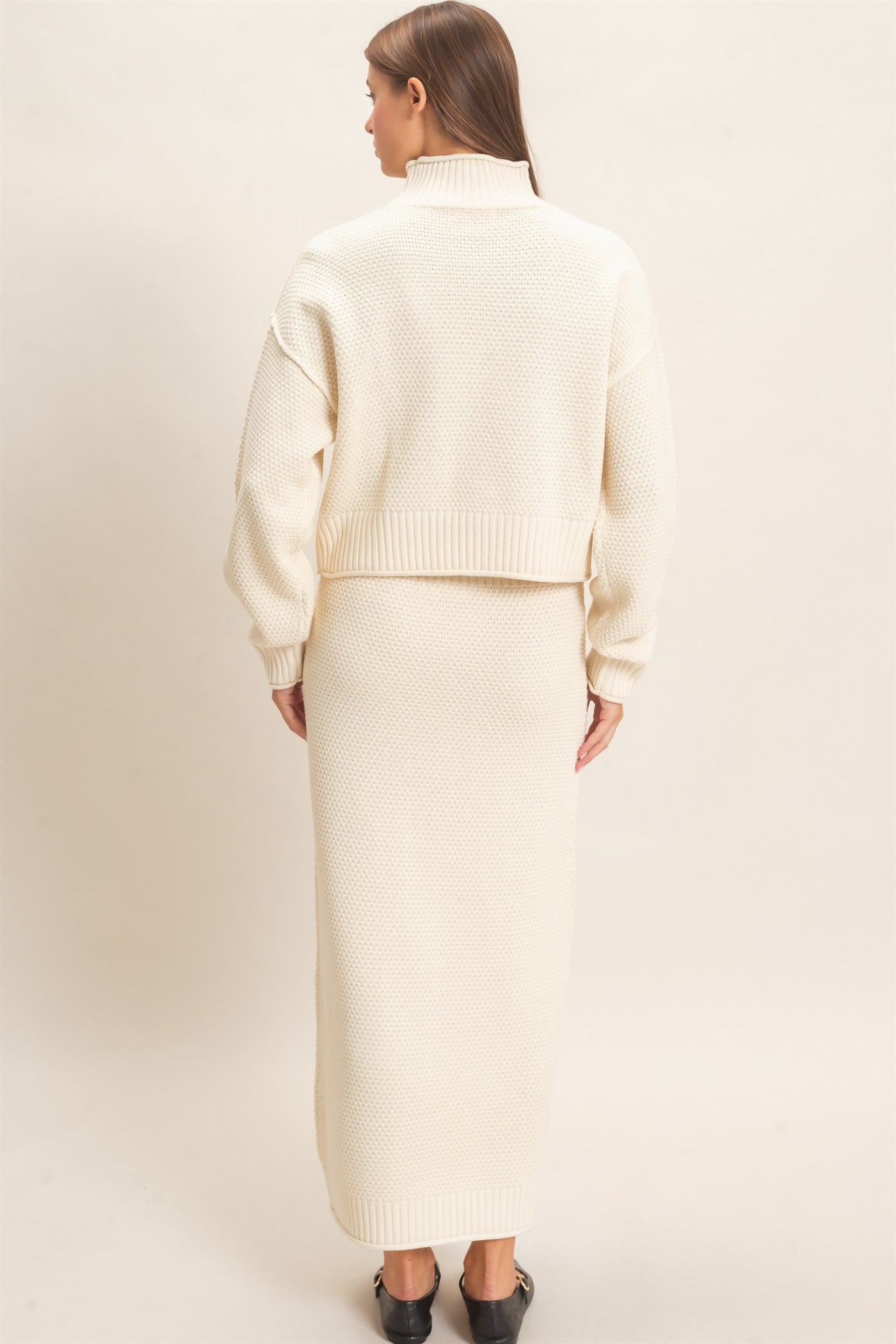 Wholesale High Neck Long Sleeve Top & Maxi Skirt Set Clothing DZ26E272-SET CREAM DOUBLE ZERO
