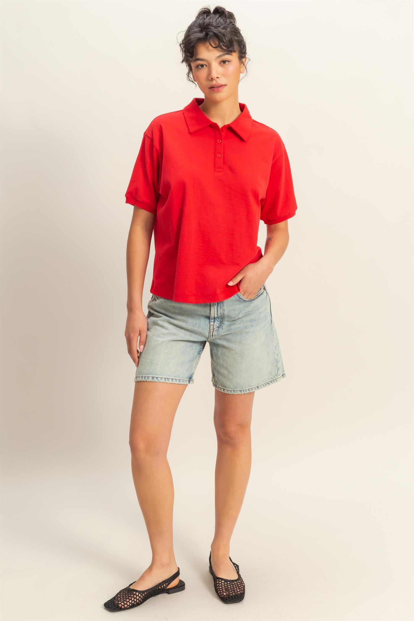 Wholesale Collared Neck Short Sleeve Relaxed Top Polos DZ25C257 RED DOUBLE ZERO