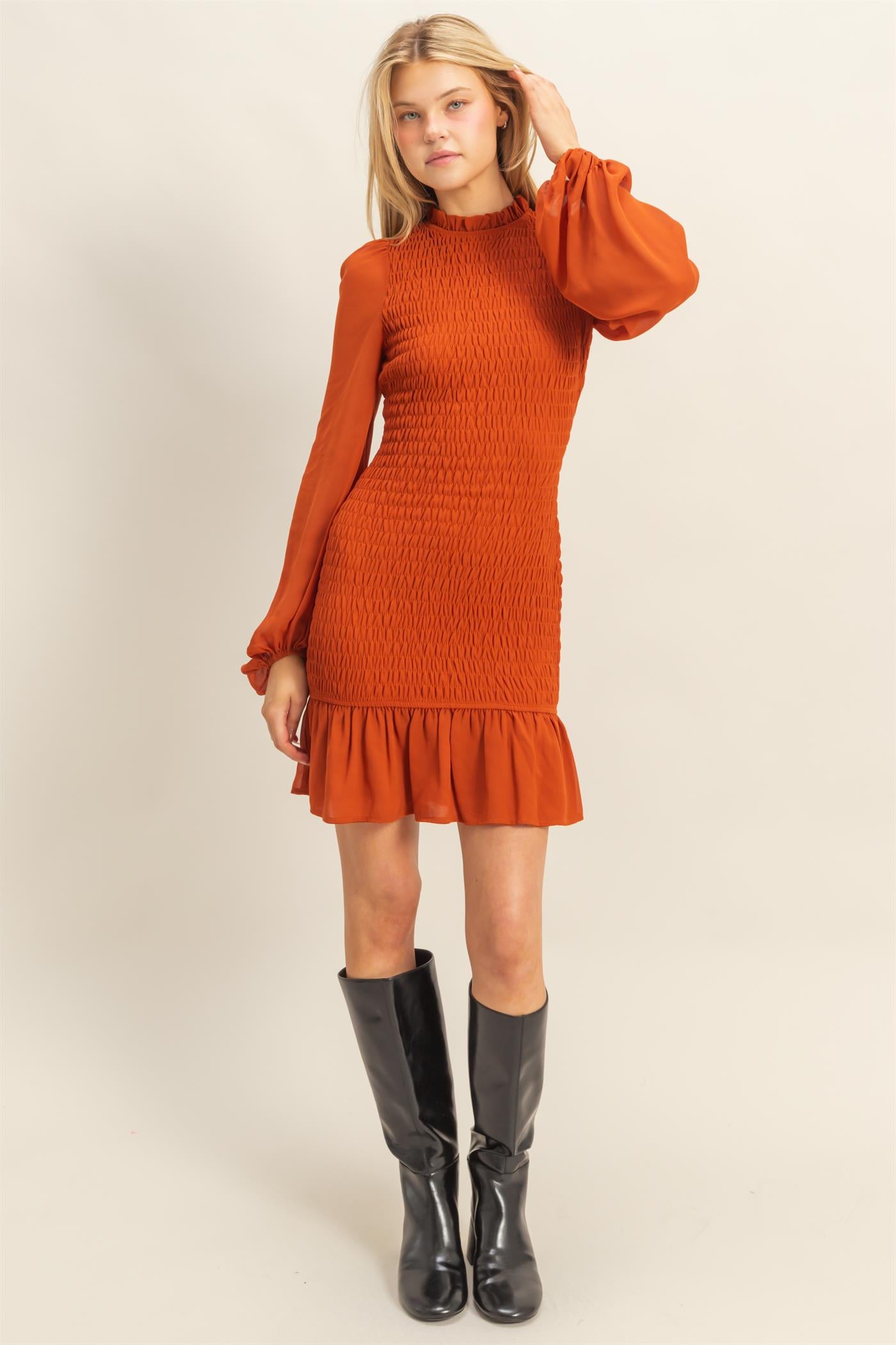 Wholesale Smocked Ruffled Mini Dress Dresses HF23G430 BROWN HYFVE