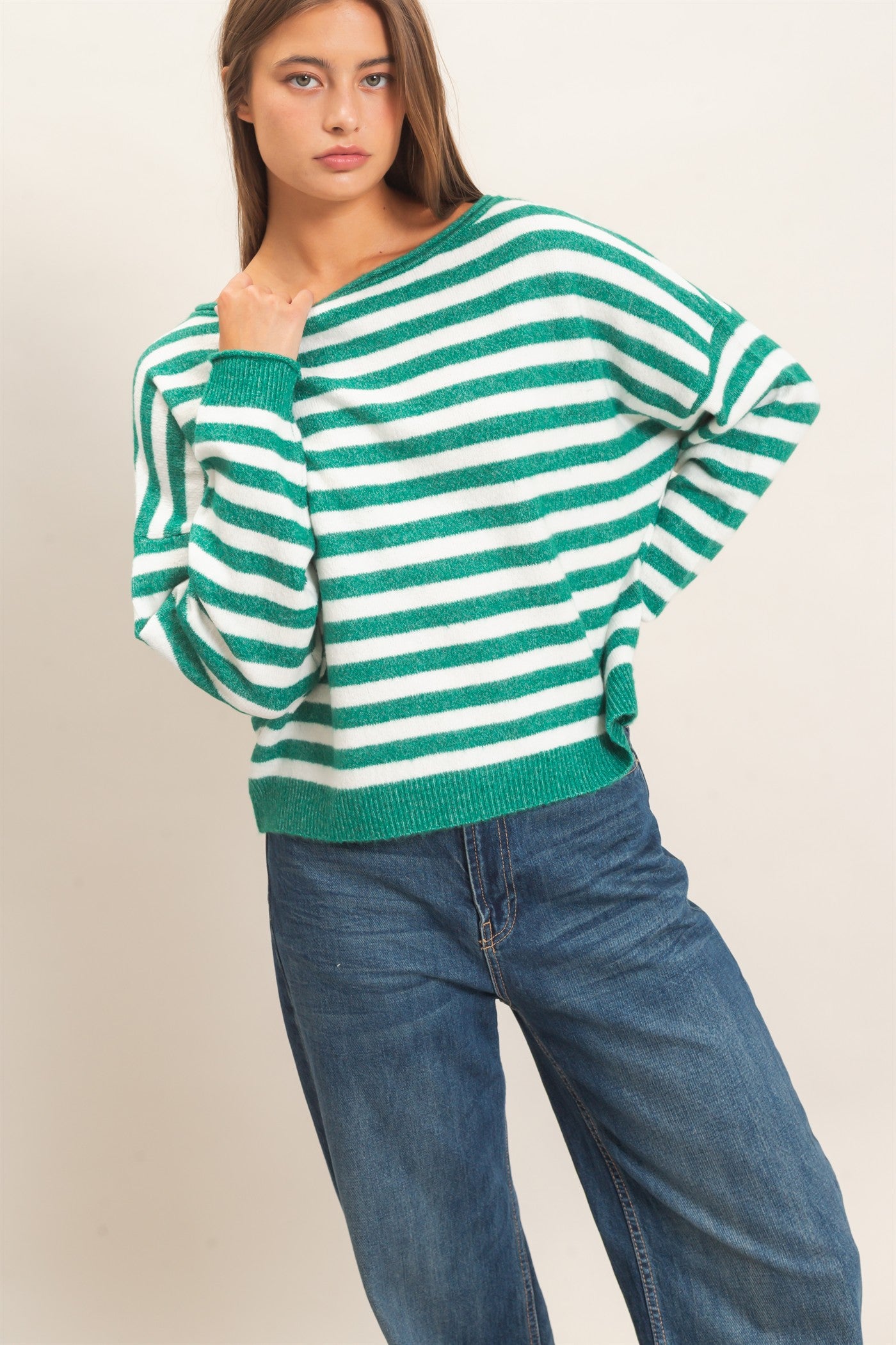 Wholesale Off The Shoulder Striped Sweater Sweaters DZ26E653 EMERALD DOUBLE ZERO