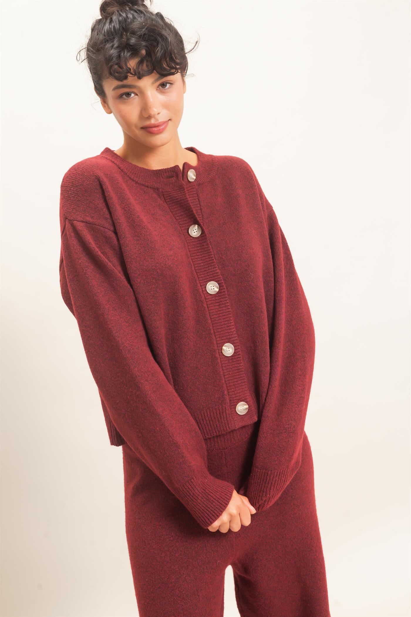 Wholesale Crew Neck Button Front Cardigan Cardigans DZ26E639 BURGUNDY DOUBLE ZERO