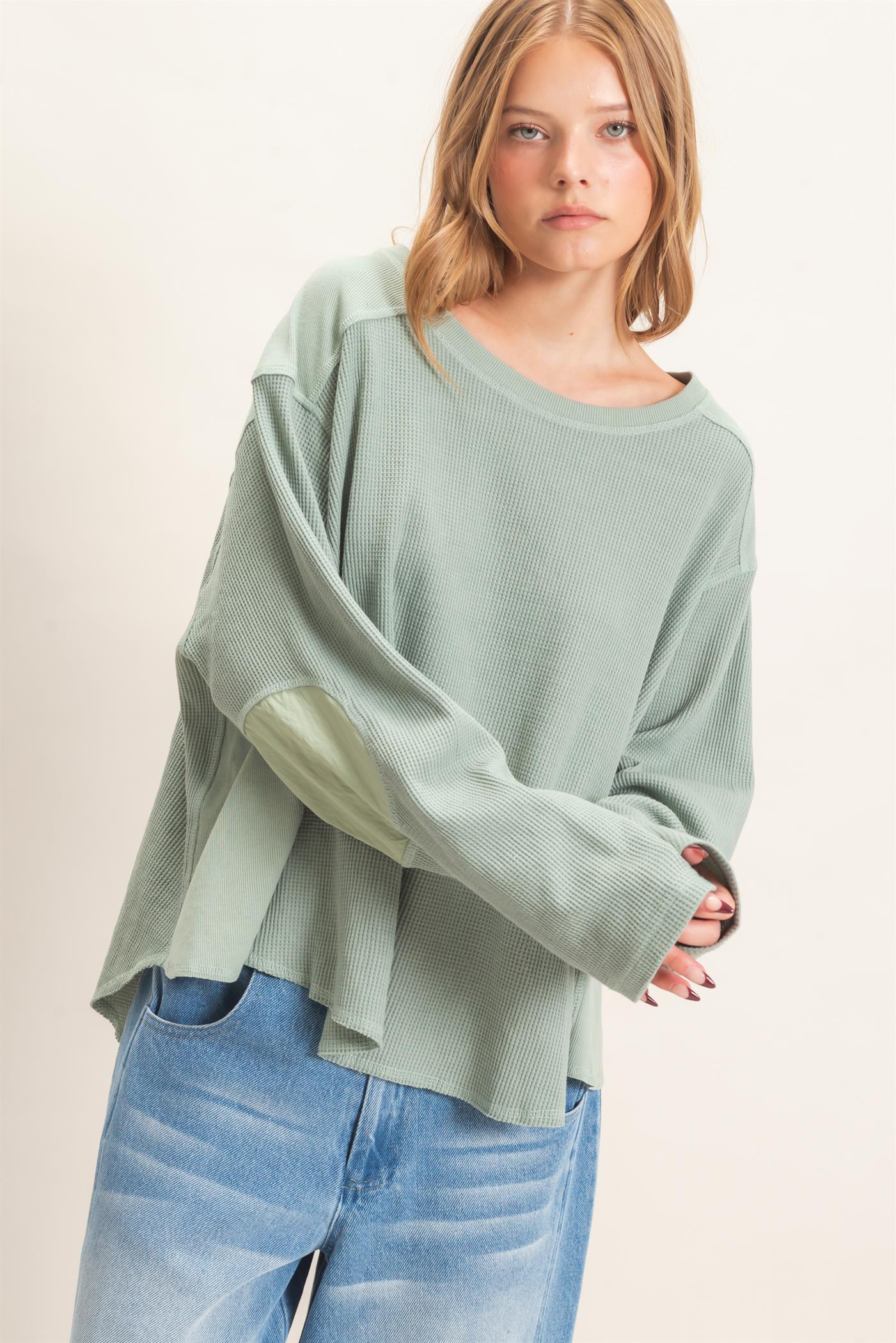 Wholesale Waffle Knit Crew Neck Top Clothing Tops HF26E078 SAGE HYFVE