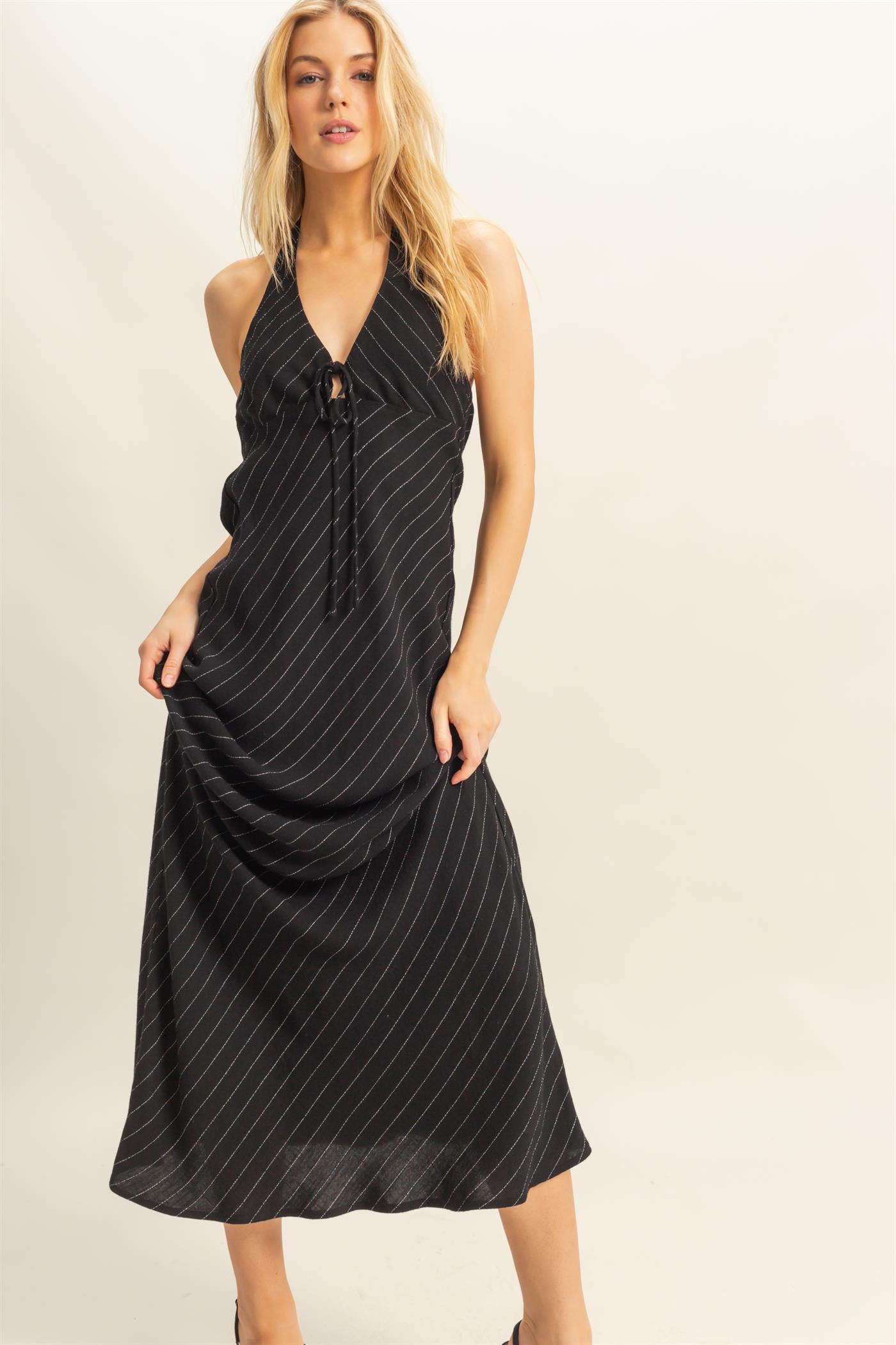 Wholesale Striped Halter Neck Linen Maxi Dress Dresses HF25C373 BLACK HYFVE
